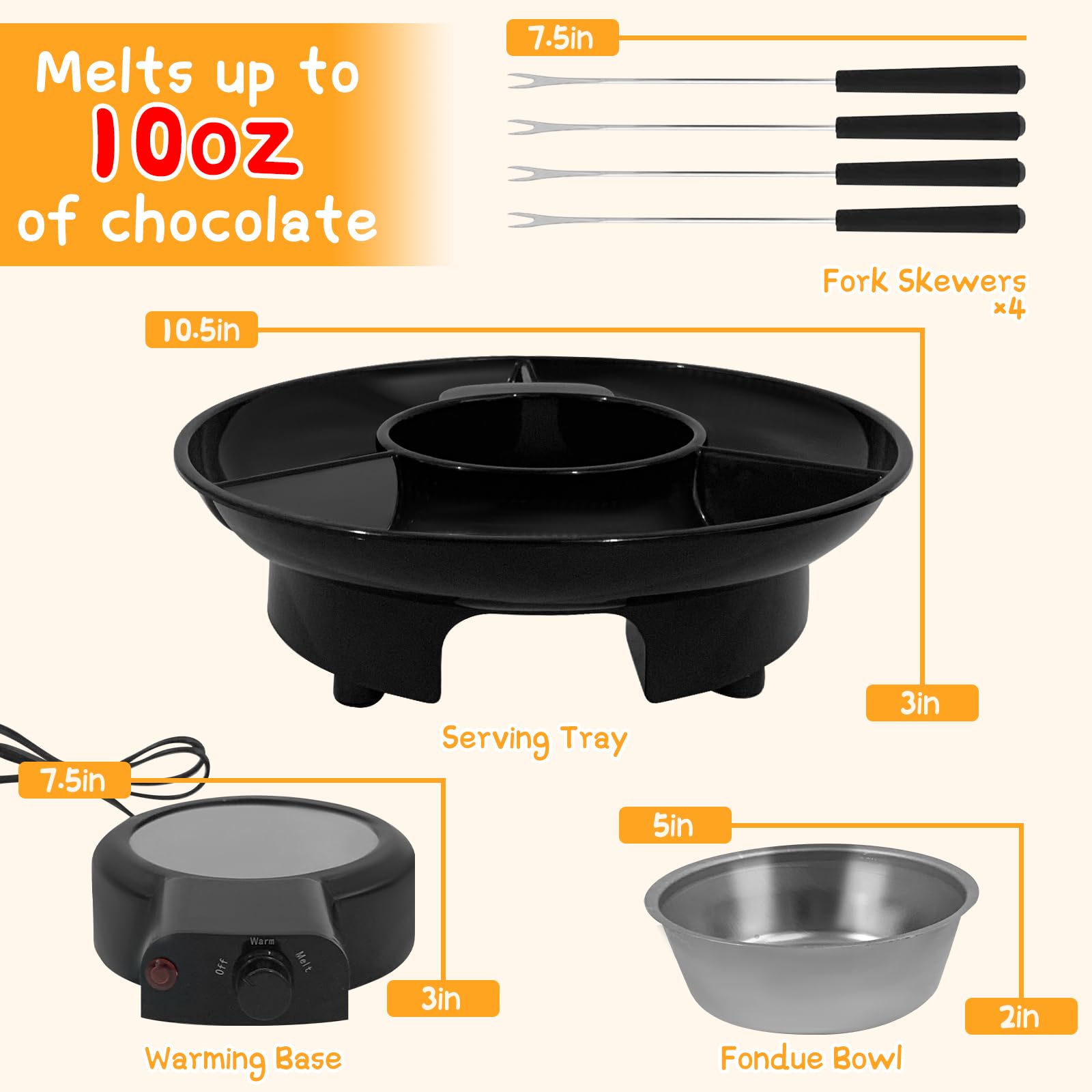 Electric Fondue Pot Set for Chocolate & Cheese - 9oz Detachable Bowl with Temperature Control & 6 Dipping Forks - Perfect for Romantic Date Nights, Movie Nights & Game Nights - Ideal Gift for Couples & Families (Black)
