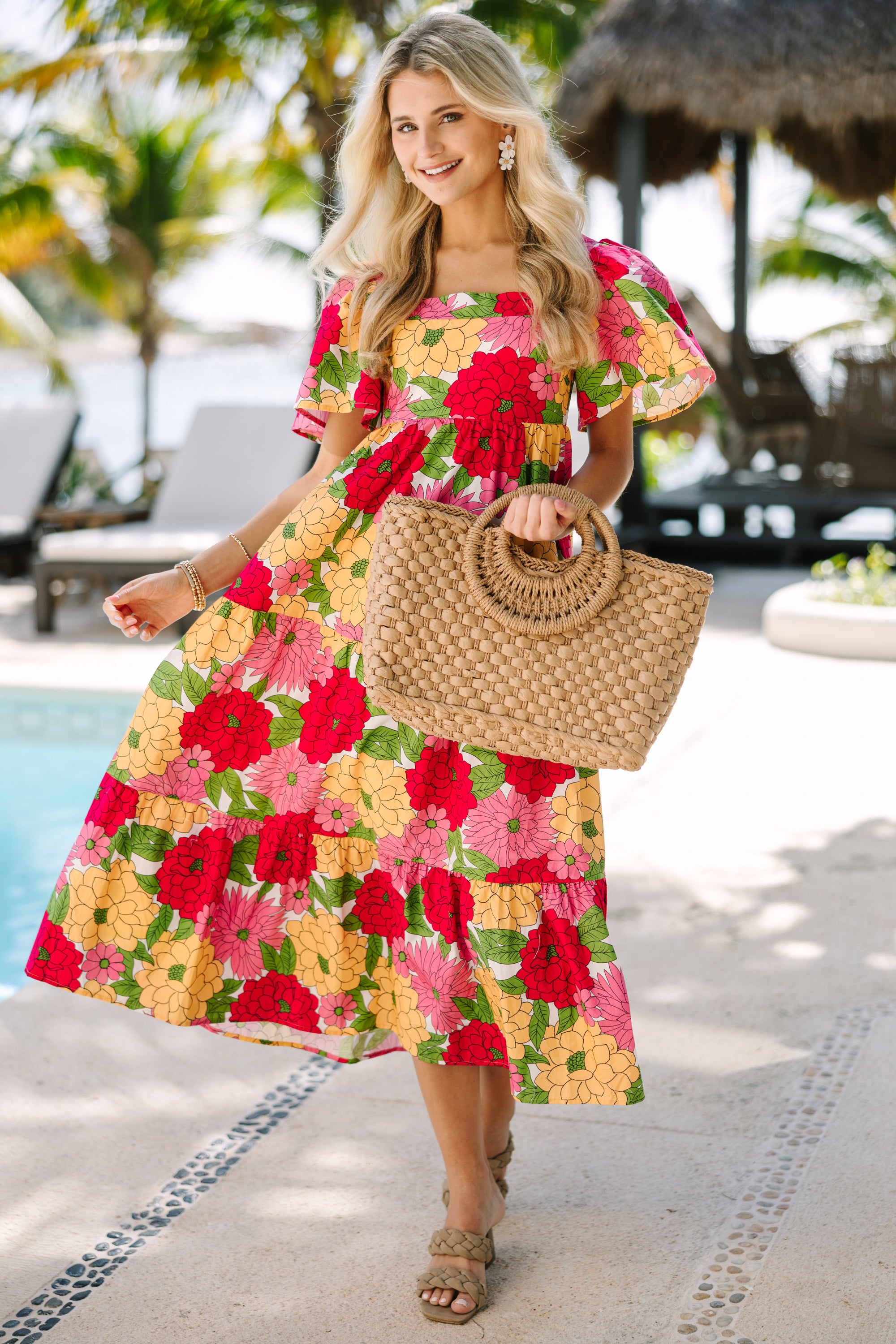 Fuchsia Pink Floral Midi Dress for Women - Elegant Summer Party & Wedding Guest Dress