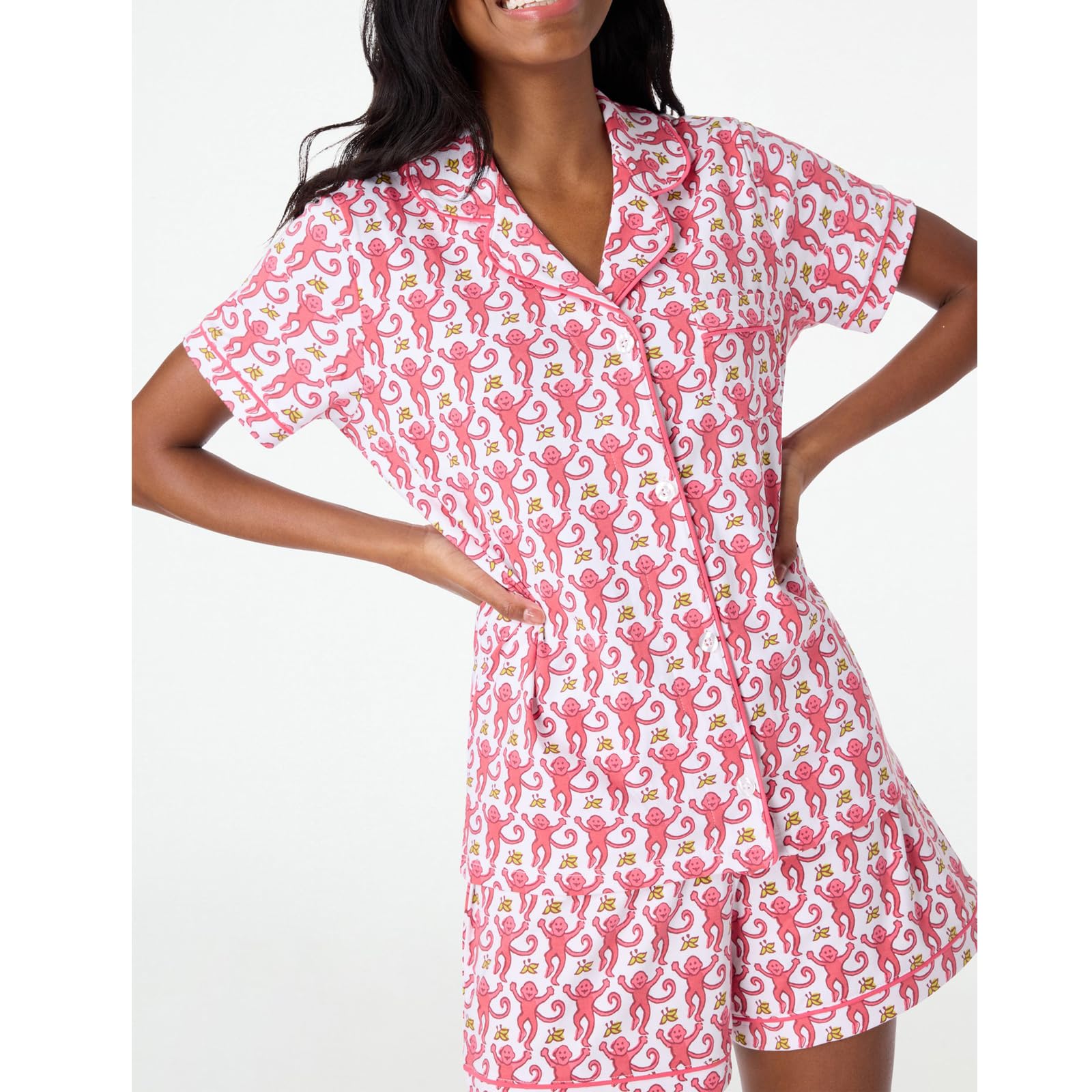 Amiblvowa Women's Cute Monkey & Rabbit Heart Print Pajama Set - Y2K Style 2-Piece Shorts & Top Lounge Sleepwear for Cozy Nights & Relaxing at Home
