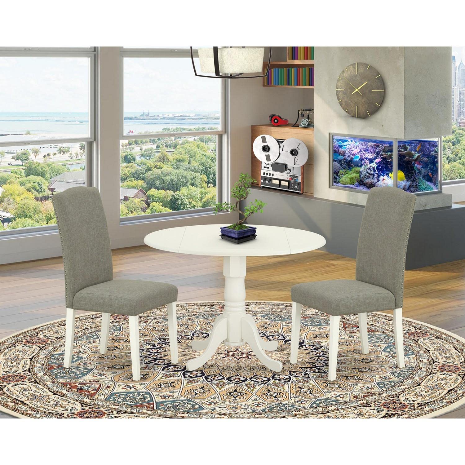 East West Furniture DLEN3-LWH-06 3-Piece Modern Dining Set - Round Wooden Drop Leaf Table & 2 Dark Shitake Linen Fabric Parson Chairs, 42x42 Inch, Linen White - Perfect for Small Spaces, Breakfast Nooks & Cozy Apartments