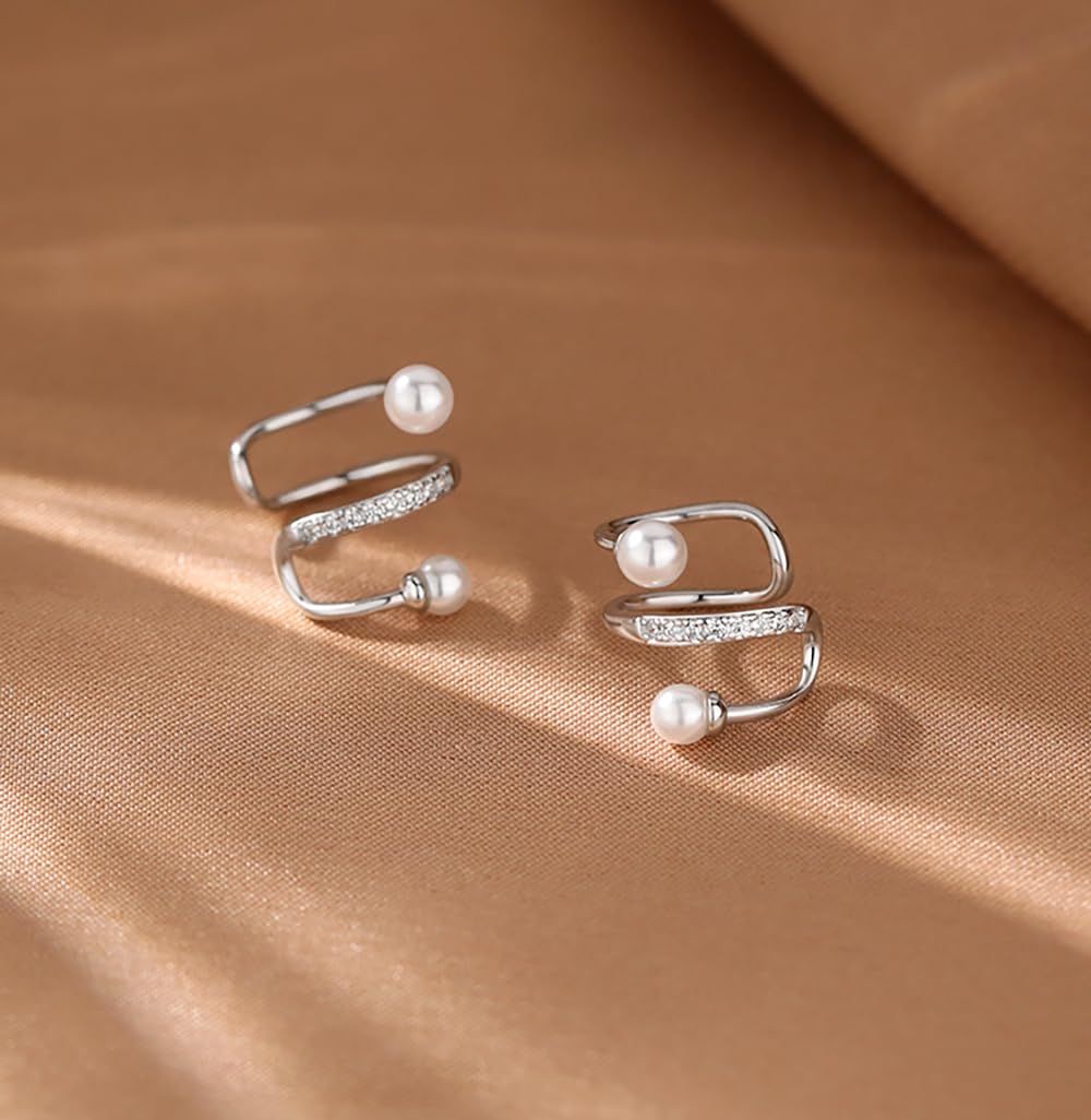 Reffeer Solid 925 Sterling Silver Pearl Ear Cuffs for Women - Non Piercing Clip On Cartilage Earrings with CZ Wrap Design | Perfect for Parties, Weddings & Everyday Wear