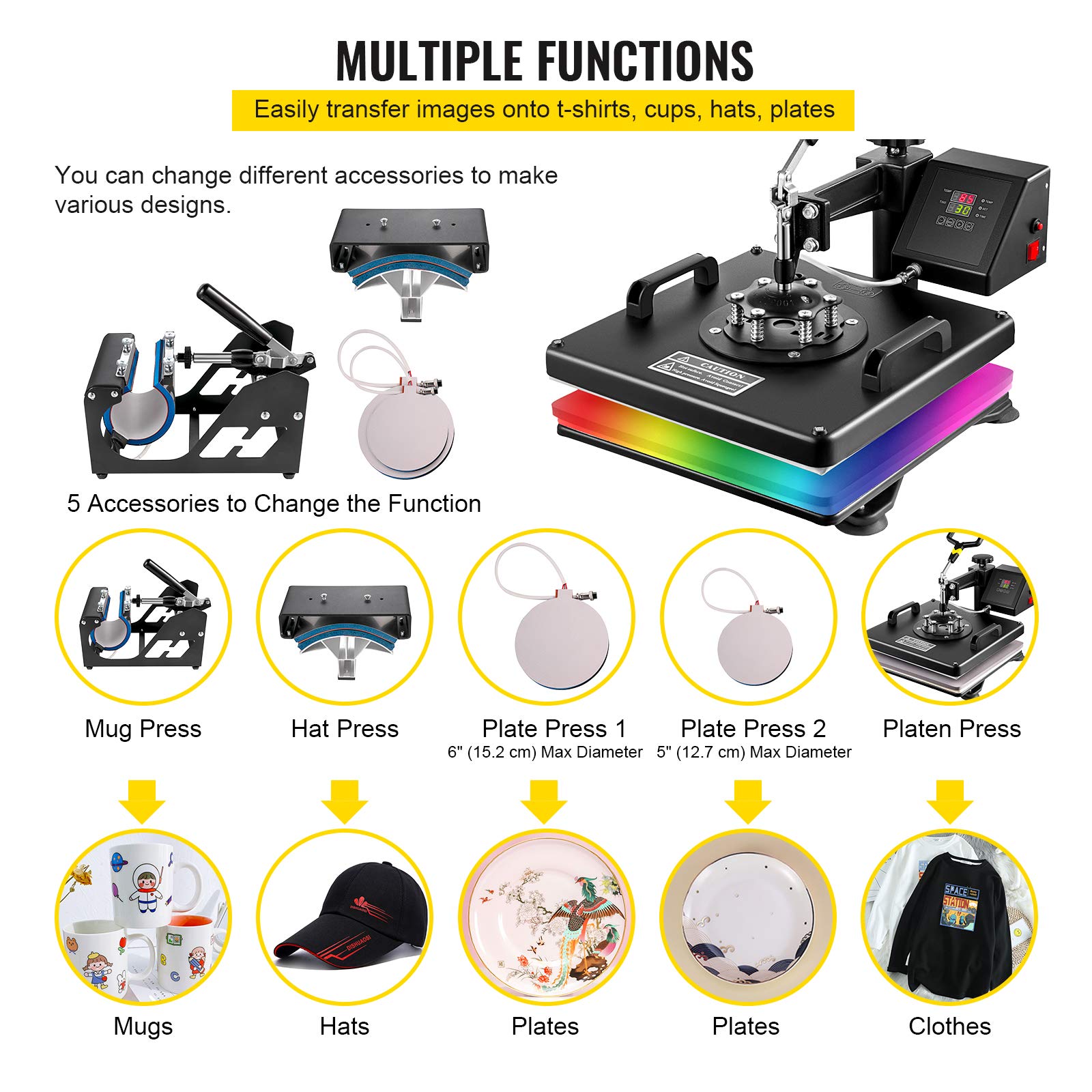 Mophorn 15x15 Inch 5-in-1 Heat Press Machine with Swing Away Design - T-Shirt Sublimation Printer, Mug, Hat & Plate Press Accessories - Teflon Coated Plates, ETL & FCC Certified (Black) - Perfect for DIY T-Shirts, Mugs, Hats & Custom Gifts
