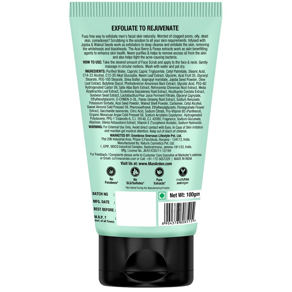 Man Arden Anti Acne Neem Face Scrub - Oil Control & Clear Skin Treatment with Jojoba Seeds, Neem Extract, Olive Leaf & Acai Fruit Oil - 100g Exfoliating Face Wash for Men - Perfect for Daily Skincare Routine & Acne-Prone Skin