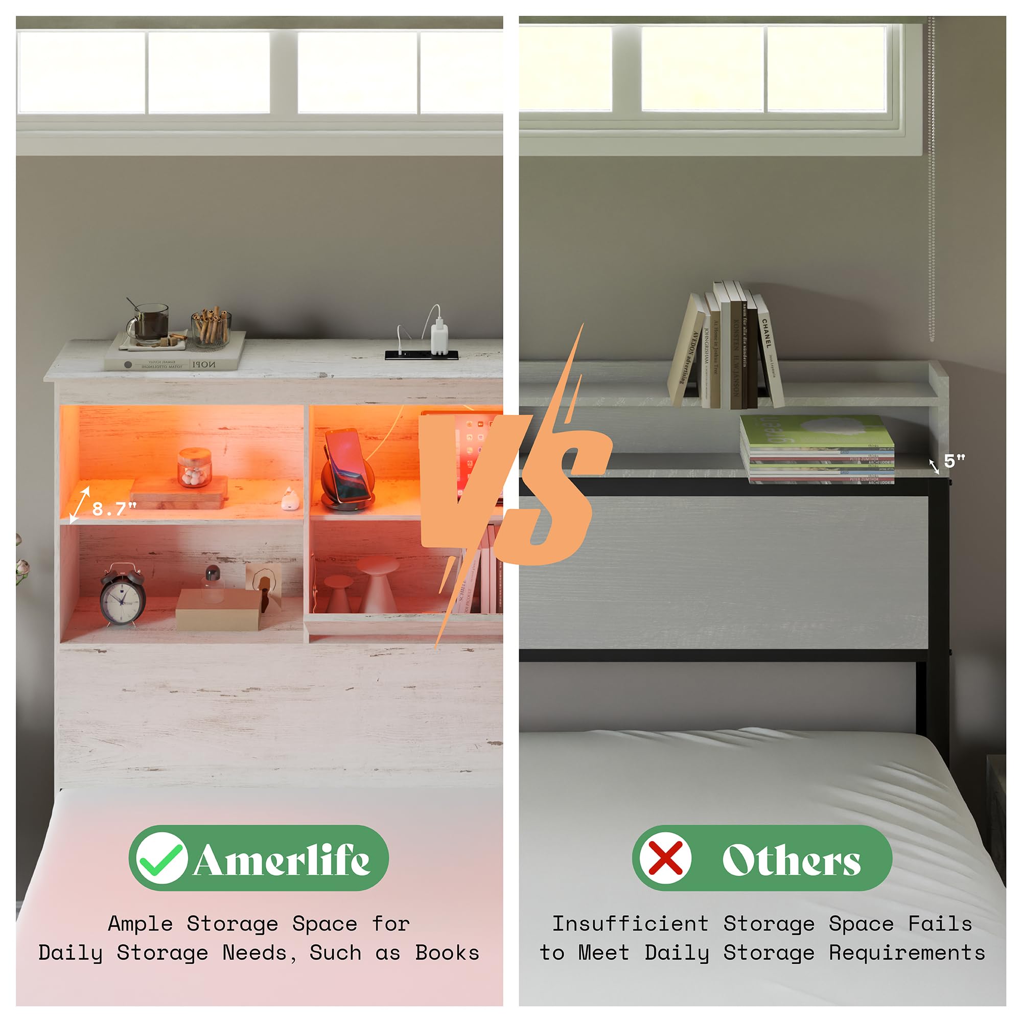 AMERLIFE Queen Size Wooden Platform Bed Frame with LED Storage Headboard - 4 Drawers, USB Charging Station, No Box Spring Needed, Noise Free, Distressed White - Perfect for Small Bedrooms & Modern Apartments