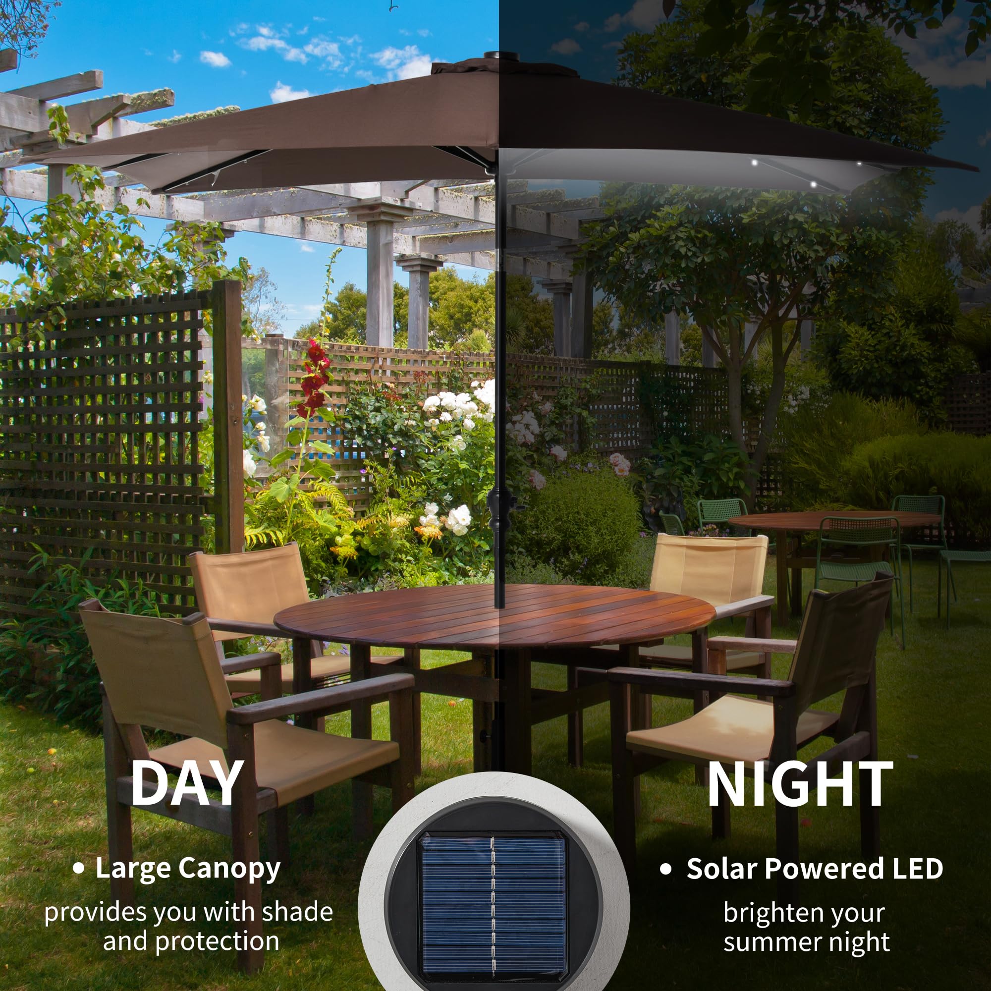 Outsunny 9' x 7' Solar LED Patio Umbrella with Tilt & Crank - Waterproof Outdoor Market Umbrella for Garden, Deck, Backyard, Pool, Beach - Perfect for Dining, Lounging and Outdoor Entertaining