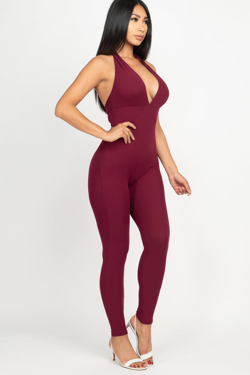 Stylish Halter V-Neck Ribbed Bodycon Jumpsuit for Women | Sexy Stretchy Romper Outfit for Club, Party & Date Night
