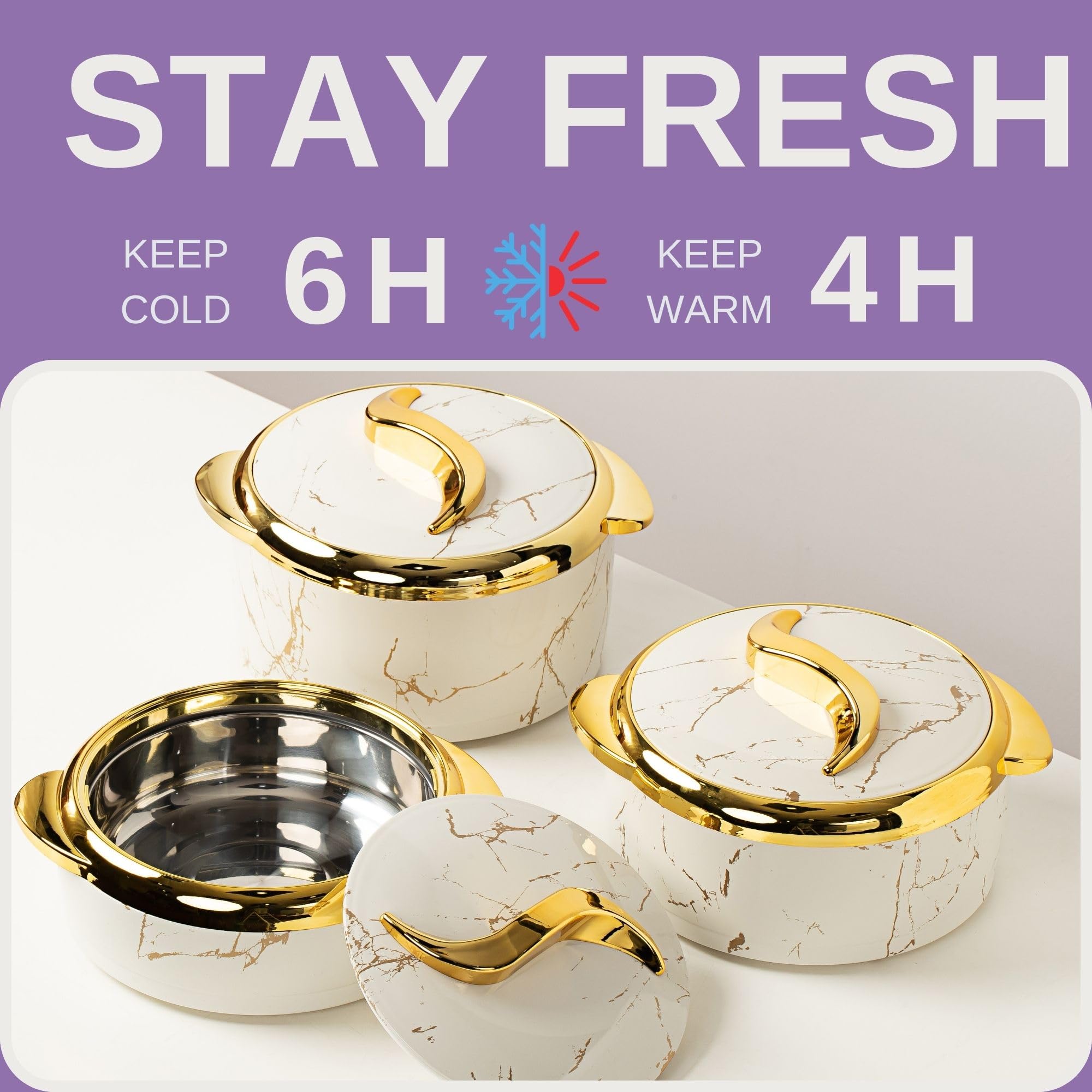 Premium 3-Piece Thermal Casserole Dish Set (2.6QT/2.1QT/1.6QT) with Lids - Insulated Stainless Steel Food Containers for Hot & Cold Dishes - Elegant Marble White Serving Bowls for Buffets, Parties, Picnics & Family Dinners