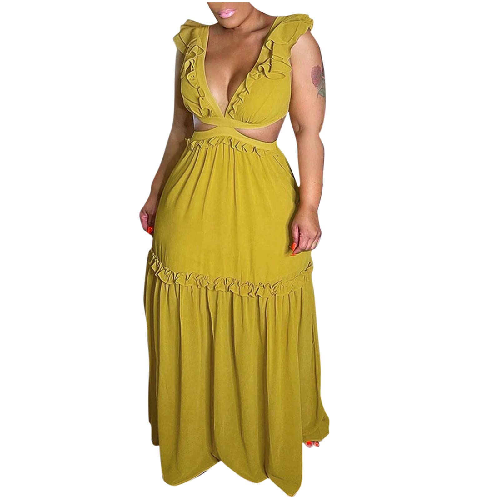 BmkBWO Women's Sexy Strappy V-Neck Cutout Maxi Dress - Elegant Solid Color Ruffled Long Dress for Wedding Guest, Party & Special Occasions