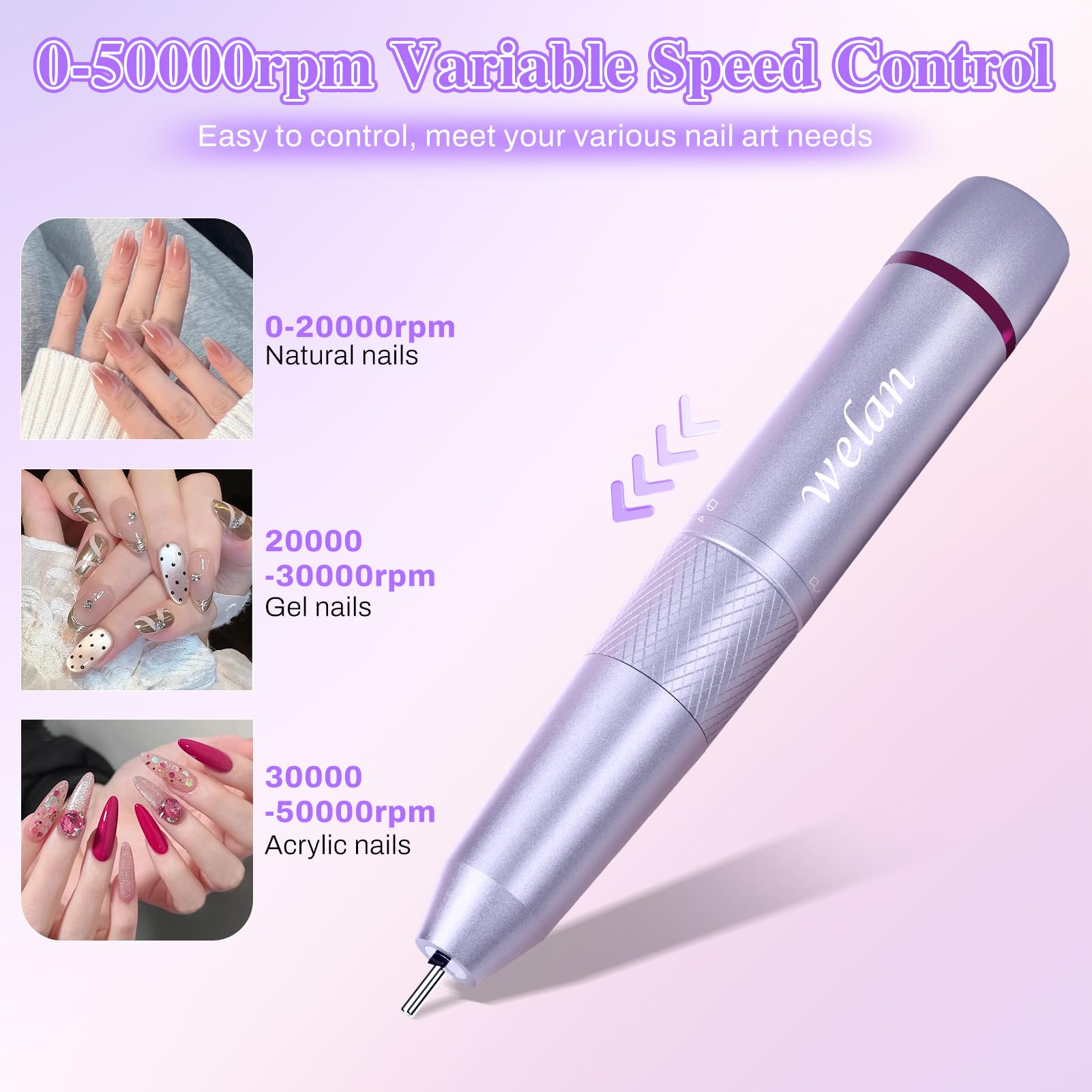 Professional Electric Nail Drill Kit - 50000RPM Portable Nail File with 6000mAh Rechargeable Battery for Acrylic & Gel Nails | Manicure Pedicure Polishing Machine for Salon & Home Use (Purple) | Perfect for DIY Nail Art & Professional Nail Care