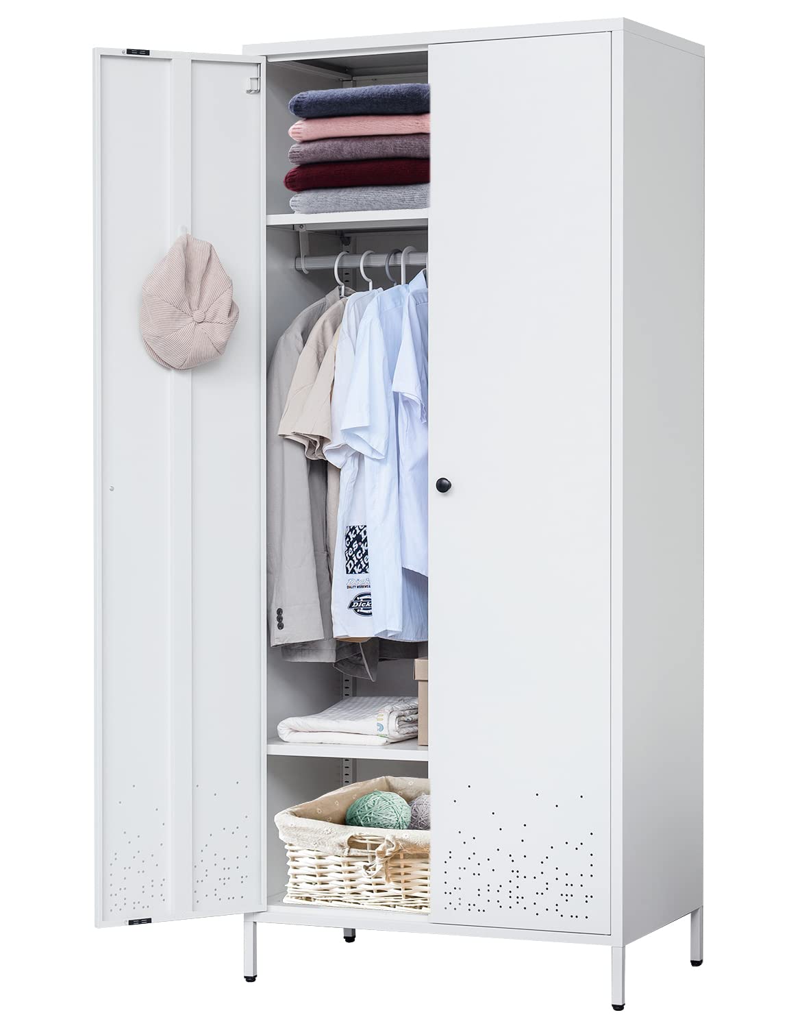 White Metal Storage Cabinet with Hanging Rod - Wardrobe Armoire Closet Organizer for Bedroom, Laundry Room & Home Organization - Perfect for Clothes Storage, Linen Organization & Small Space Saving