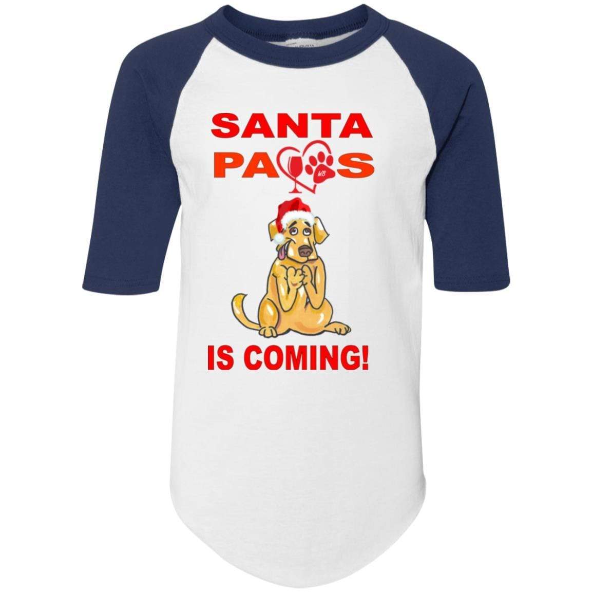 Santa Paws Is Coming - Youth Colorblock Raglan Jersey for Dogs | Christmas Pet Apparel | Holiday Photo Outfits & Festive Dress Up