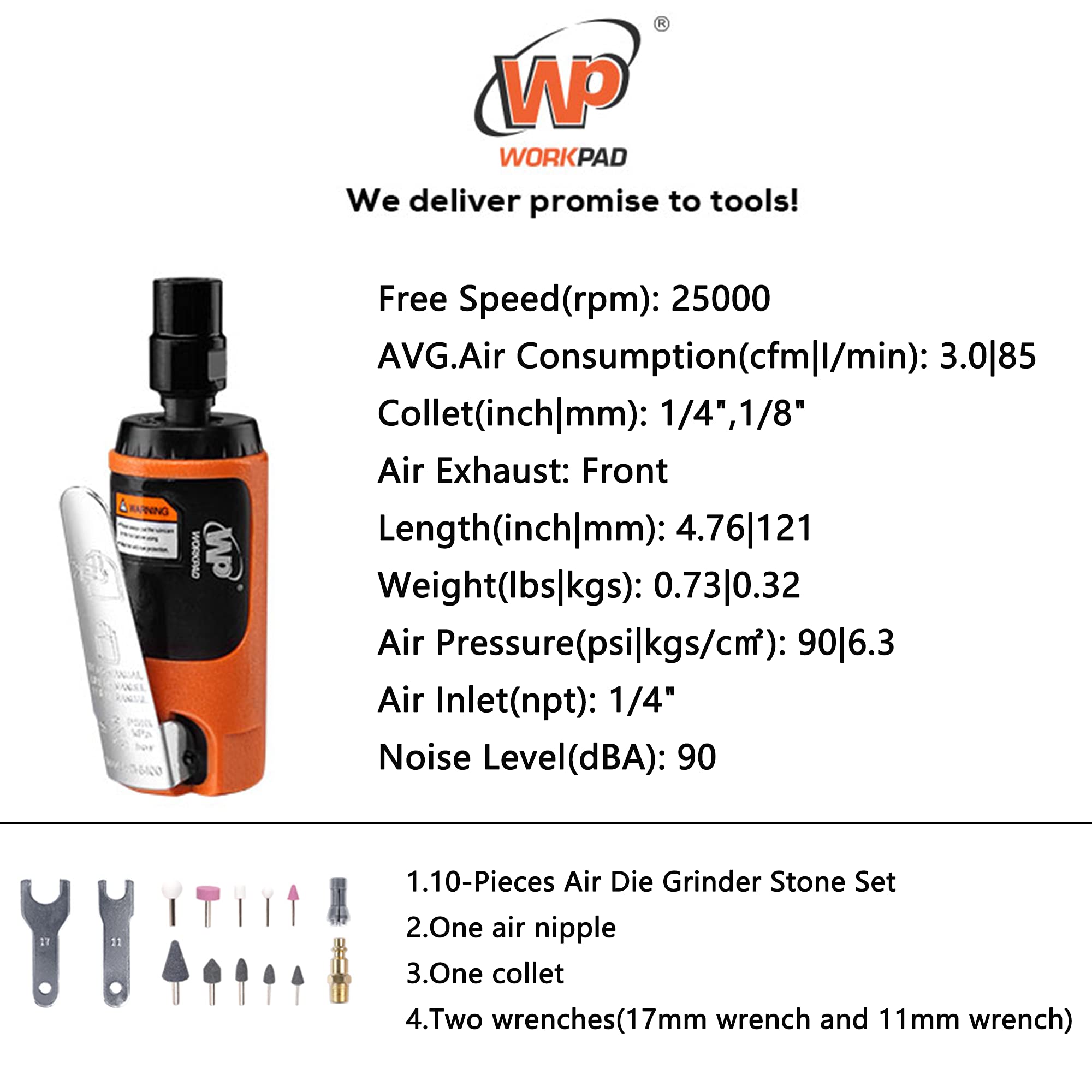 WORKPAD Mini Air Straight Die Grinder Kit - 25000 RPM High Speed Pneumatic Tool with 10-Piece Grinding Stone Set, 1/4-inch & 1/8-inch Collets, 2 Wrenches - Perfect for Metal Polishing, Wood Carving & DIY Projects