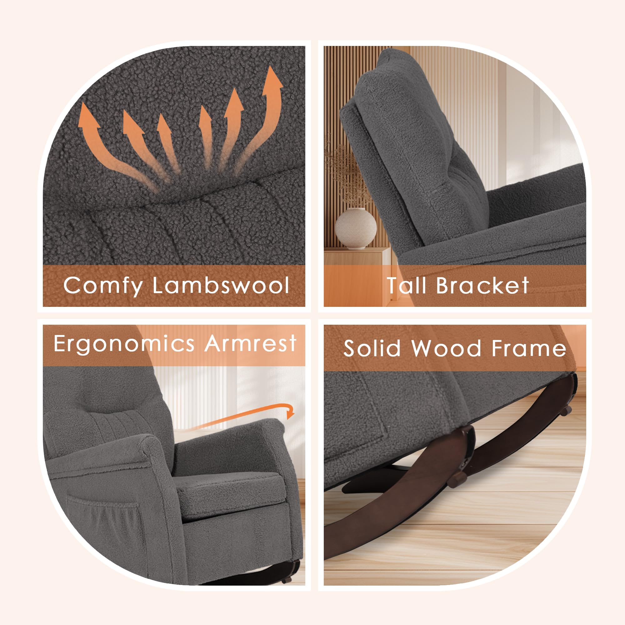 **Nursing Rocking Chair for Mom - High Back Teddy Rocker Glider, Comfortable Nursery Chair for Breastfeeding & Reading - Perfect for Living Room, Bedroom, Nursery (Grey)**