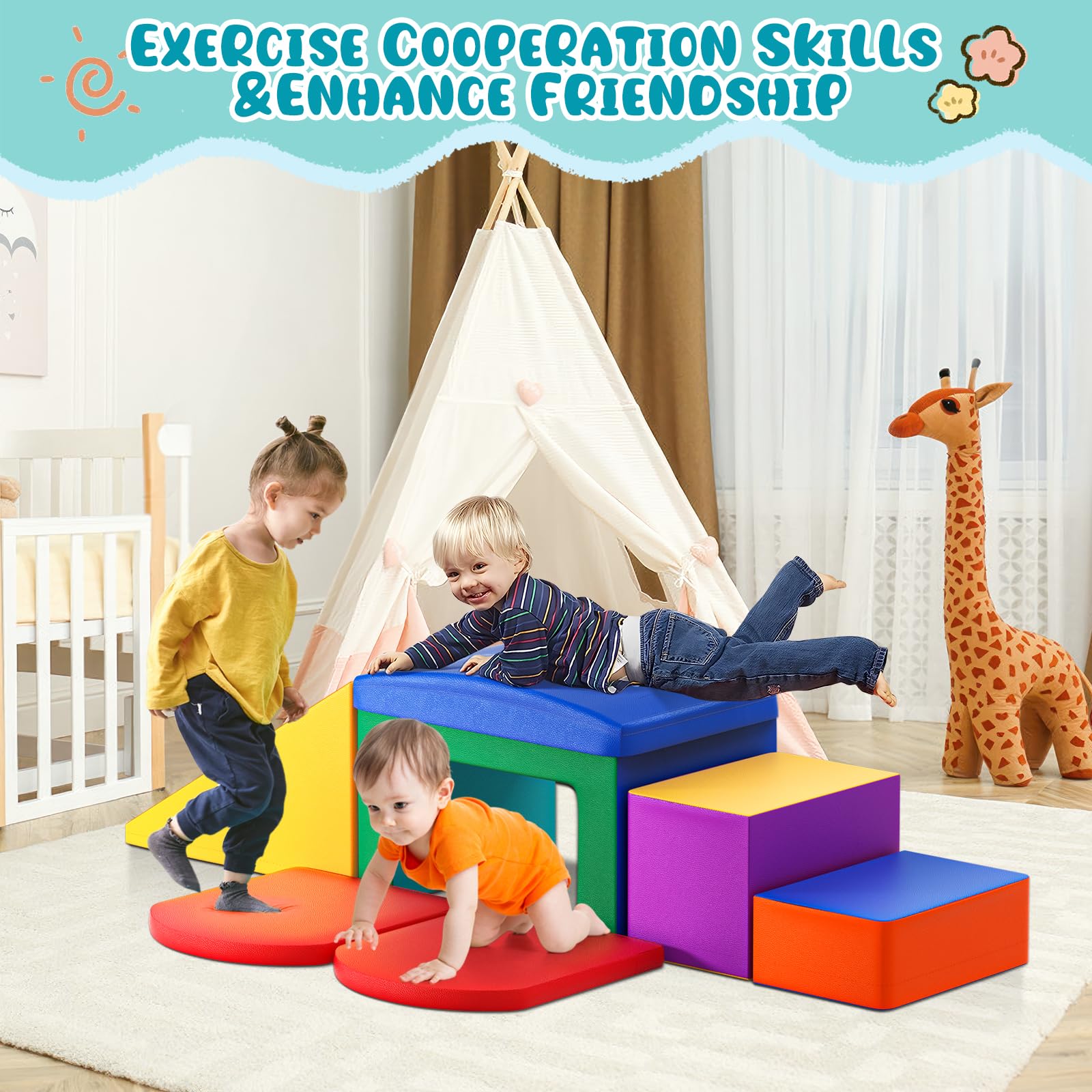 Lischwert Soft Foam Toddler Climbing Toys Set - 6-Piece Indoor Play Gym with Slide, Stairs & Ramp - Safe Kids Climbing Equipment for Toddlers & Children - Perfect for Playrooms, Daycares & Home Use (Colorful)