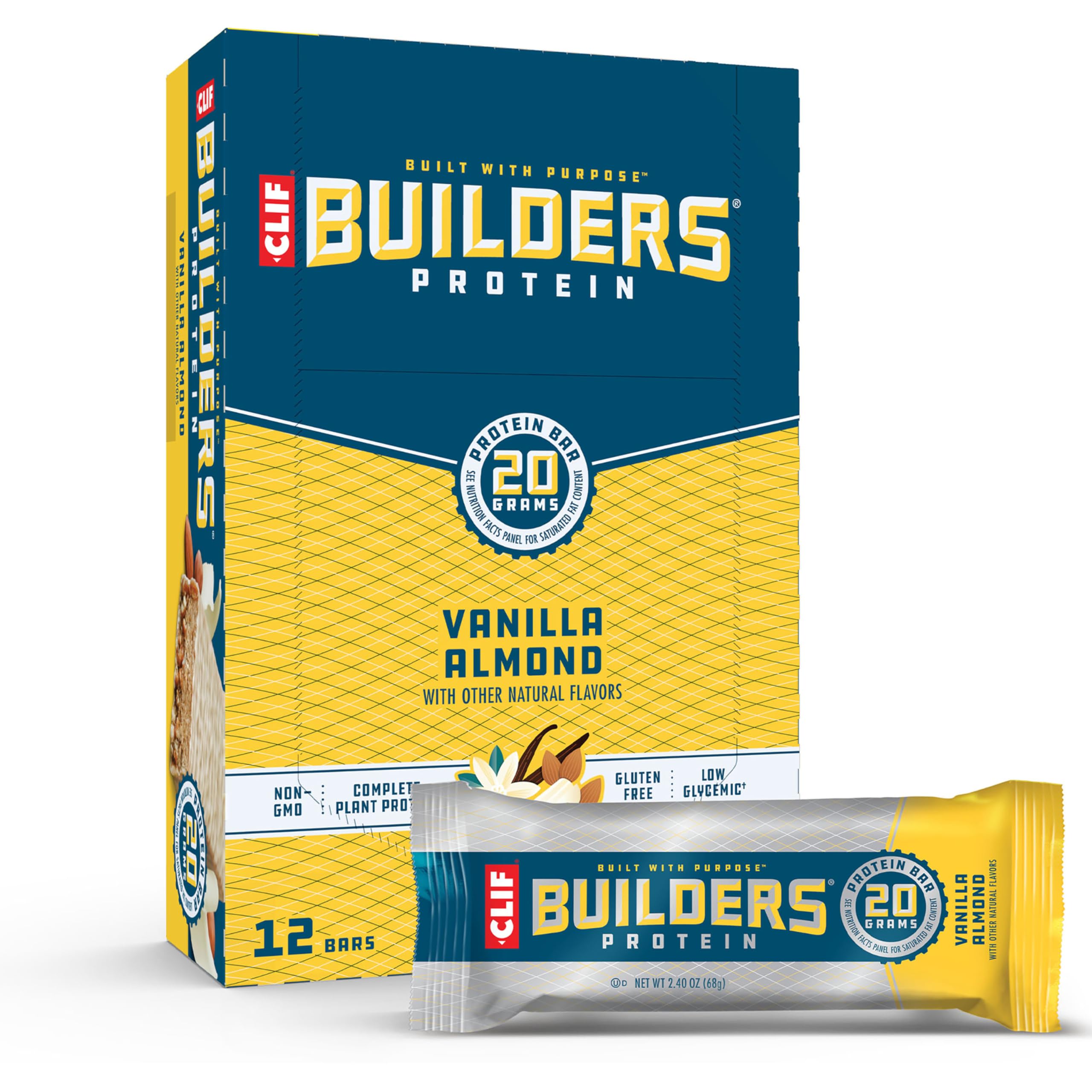CLIF Builders Protein Bars - Vanilla Almond Flavor, 20g Plant-Based Protein, Gluten Free, Non-GMO, Low Glycemic - 2.4oz (12 Pack) - Perfect for Post-Workout Recovery, Hiking Snacks & On-the-Go Nutrition