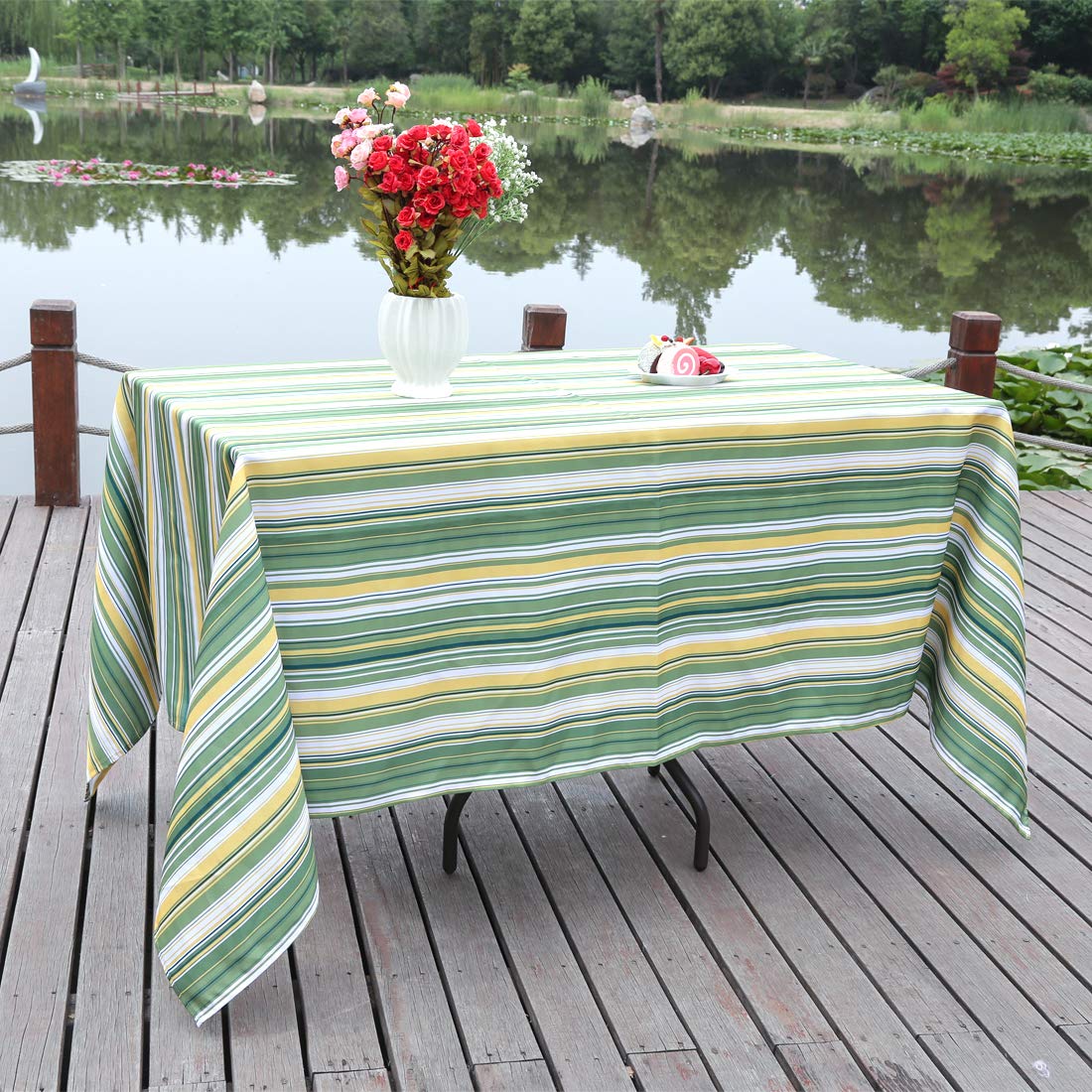 60x120 Inch Water-Resistant Outdoor Tablecloth - Green Stripe Rectangle Table Cover for Spring & Summer Patio Dining - Perfect for BBQs, Garden Parties & Outdoor Entertaining