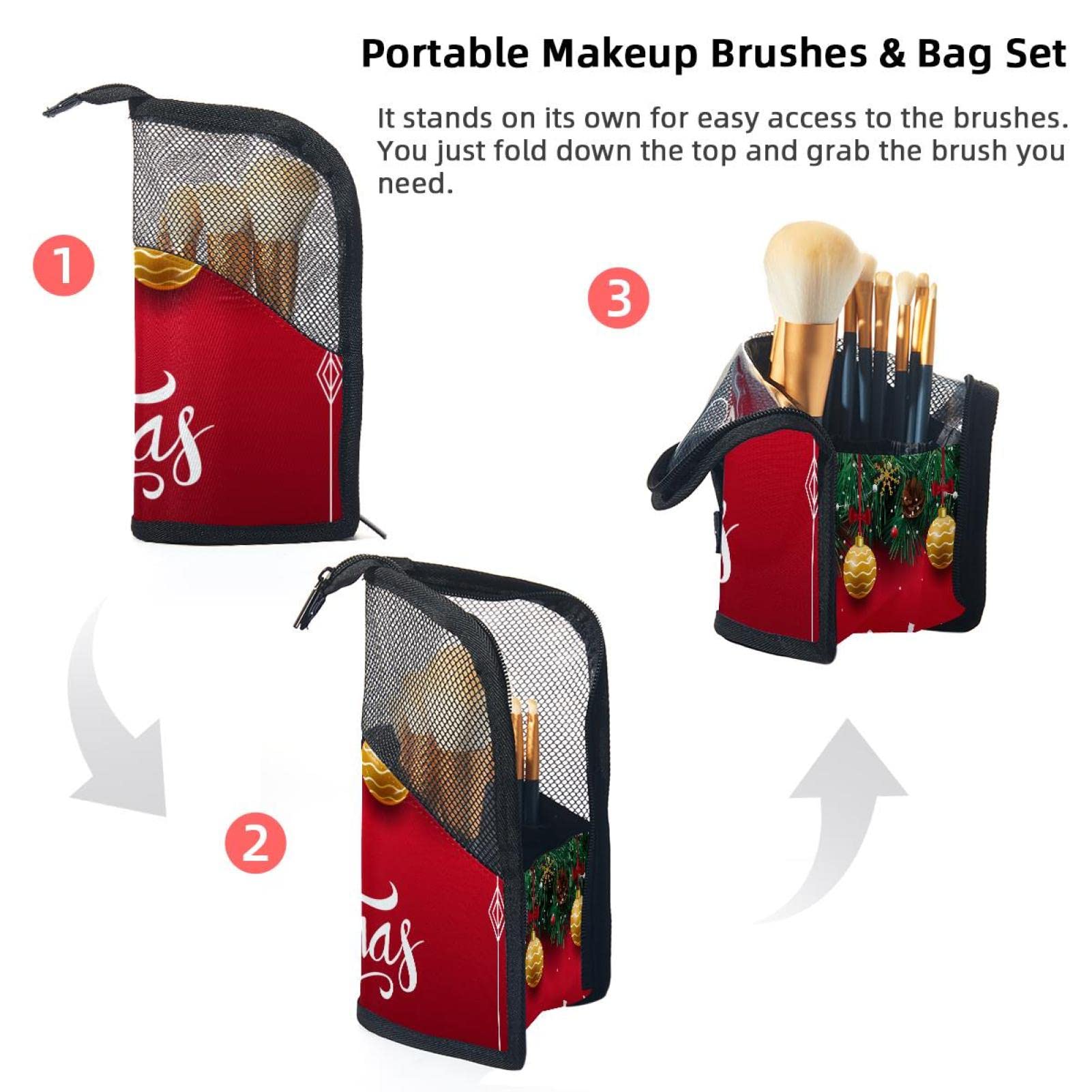 12-Piece Makeup Brush Organizer Bag with Christmas Design - Portable Travel Cosmetic Brush Holder Case for Makeup Artists & Beauty Enthusiasts - Perfect for Holiday Gifts, Home Storage & On-the-Go Touchups