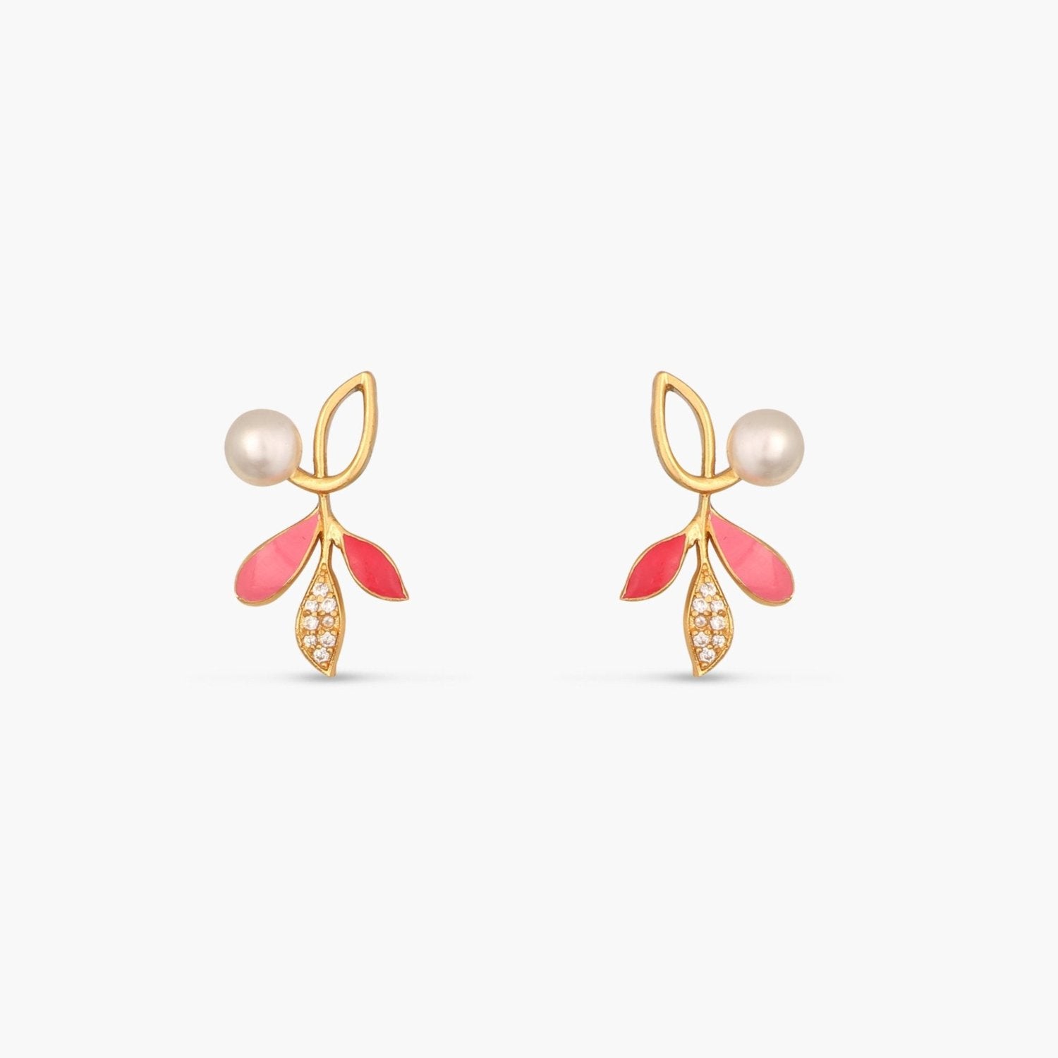 Eriha Pearl Statement Pink Leaf Stud Earrings for Women - Elegant Floral Pearl Earrings for Wedding, Party & Everyday Wear