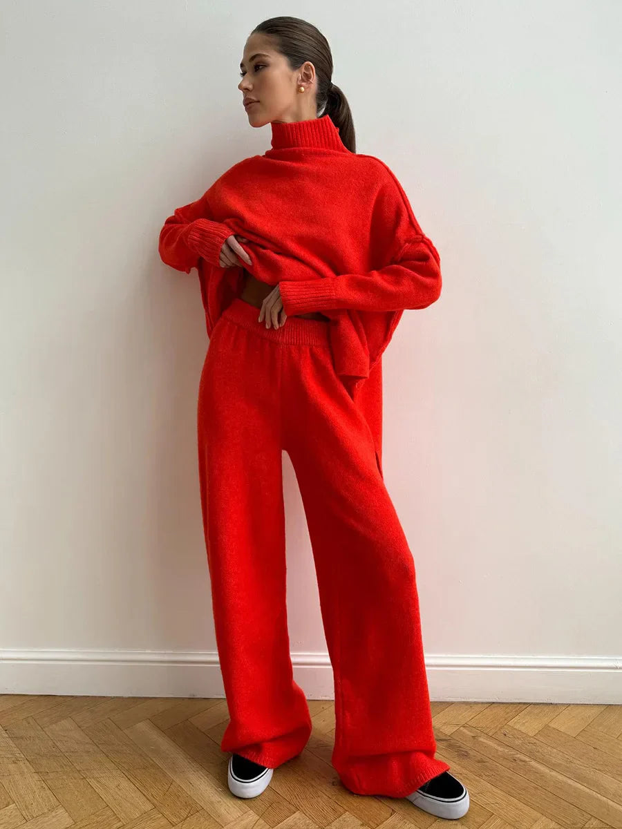 2025 Women's Turtleneck Sweater Set - European & American Style Loose Knit Pullover with Thickened Casual Pants for Autumn Winter | Office Wear, Weekend Outfits, Holiday Fashion