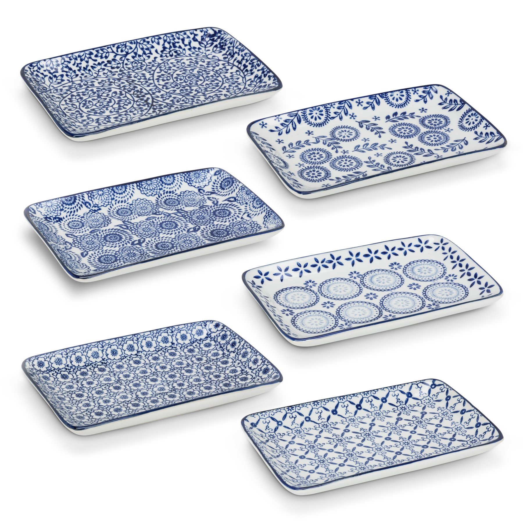 Abbott Collection 6-Piece Porcelain Plate Set - 4x7 Inch Rectangular Plates in Blue & White - Perfect for Dinner Parties, Home Decor & Gift Giving