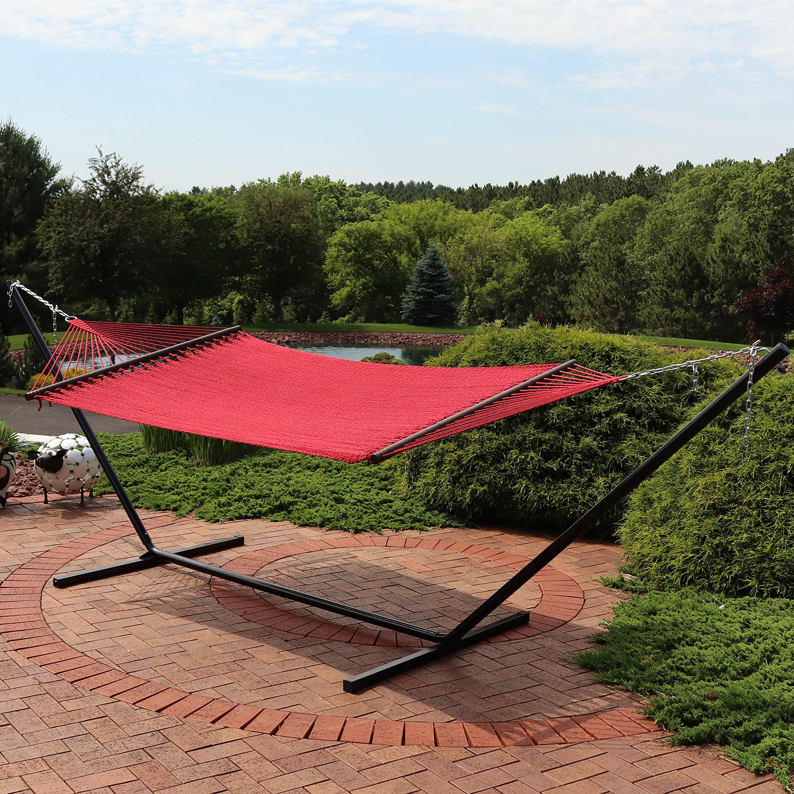 Sunnydaze 15-Foot Steel Stand Double Hammock with 400lb Capacity - Durable Polyester Rope Outdoor Hammock in Red - Perfect for Backyard, Patio, Camping & Beach Relaxation