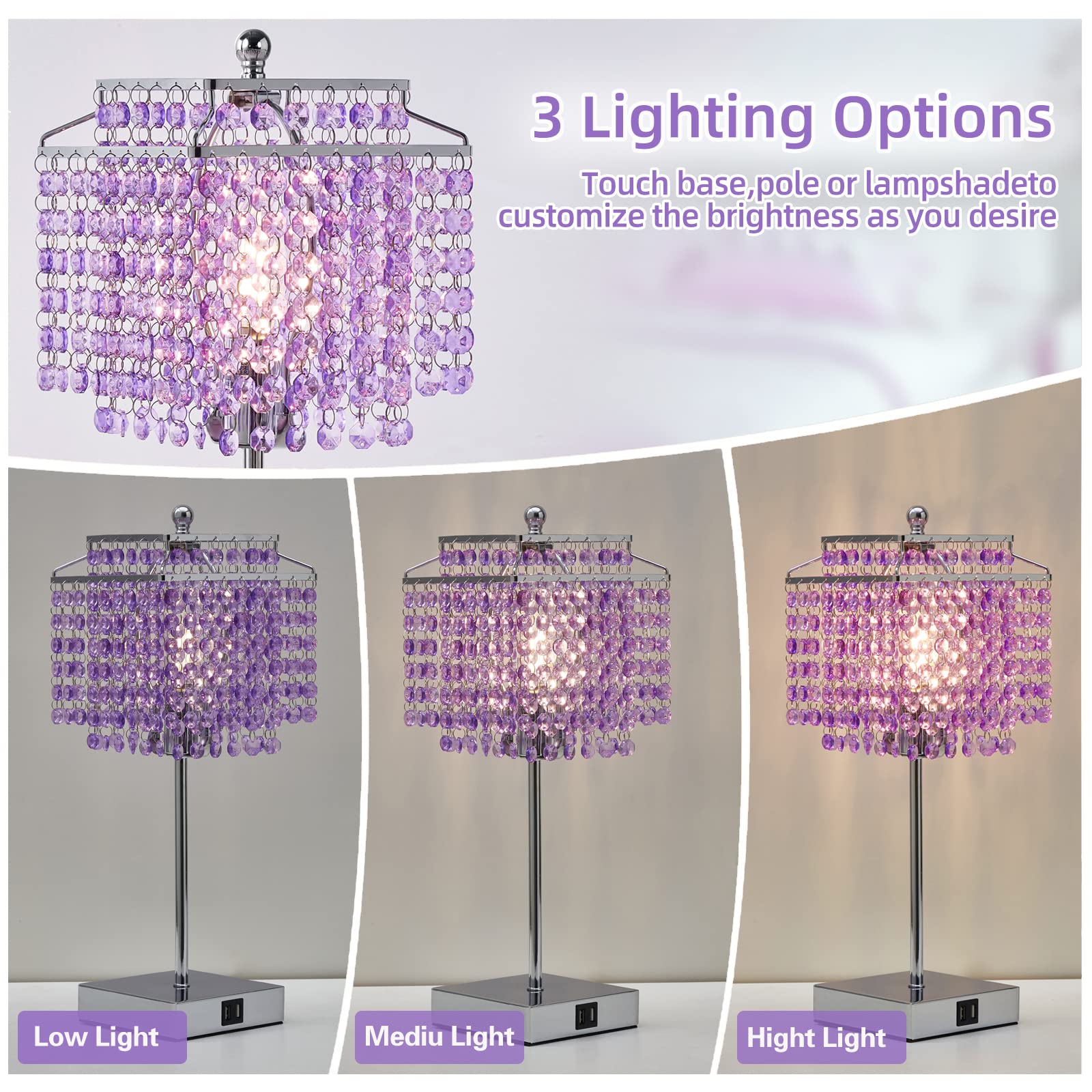 Crystal Table Lamp with USB Ports & Floor Lamp Set of 2 - Modern Lighting for Living Room, Bedroom, Office (Purple) | Elegant Home Decor & Workspace Lighting Solution