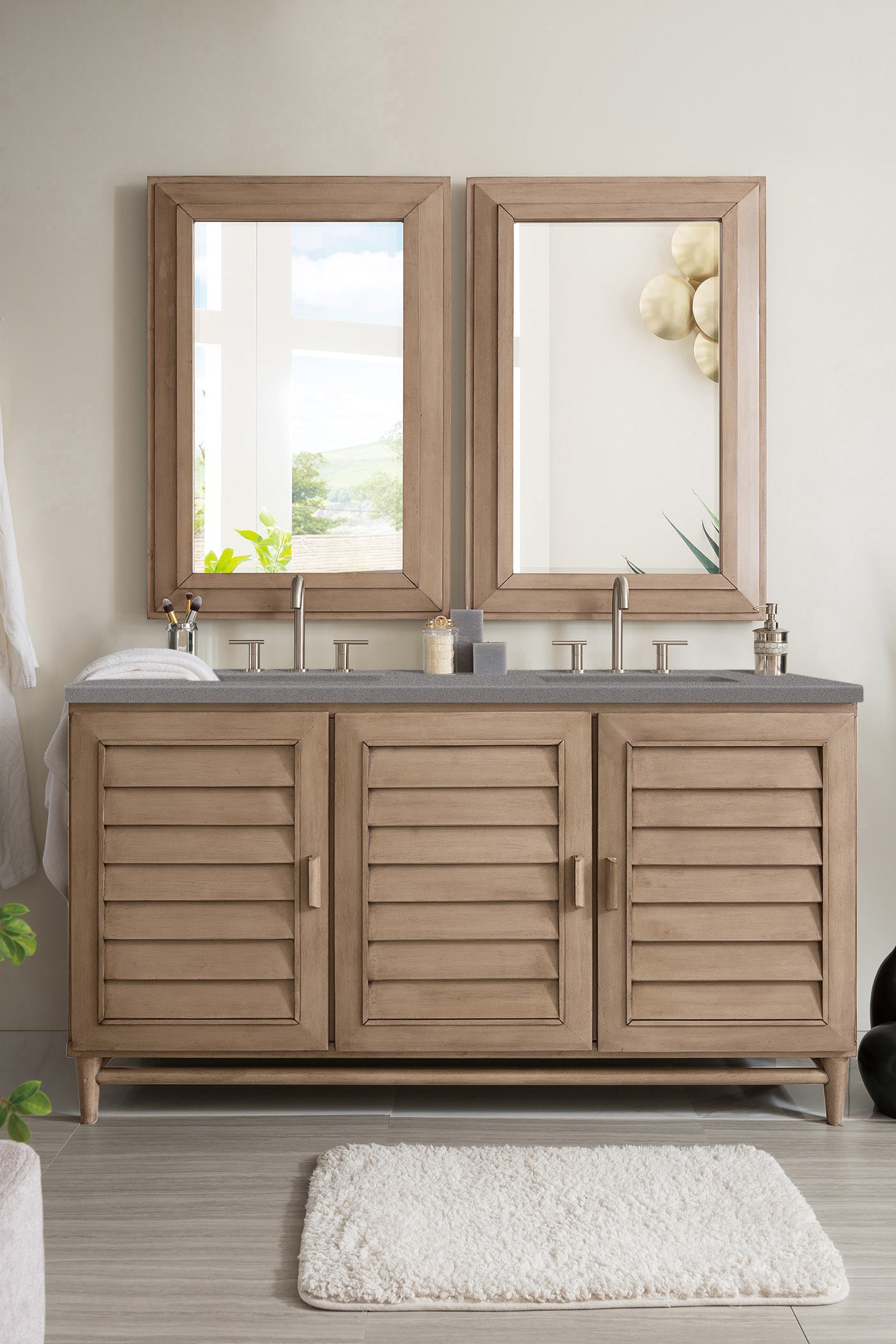 Portland 60 Inch Double Vanity with Whitewashed Walnut Finish & 3CM Gray Expo Quartz Countertop - Perfect for Modern Bathroom Renovations and Master Suite Upgrades