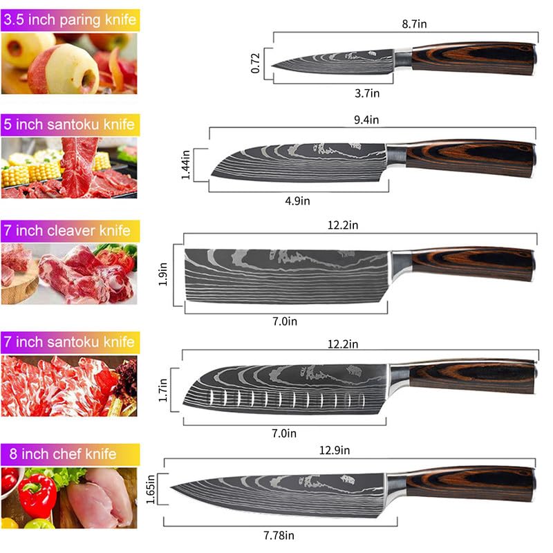 KEPEAK 5-Piece Kitchen Knife Set - High Carbon Steel Chef Knife, Santoku, Cleaver & Paring Knives with Pakkawood Handle - Perfect for Slicing Vegetables, Meat & Fruit in Home Cooking & Professional Kitchens