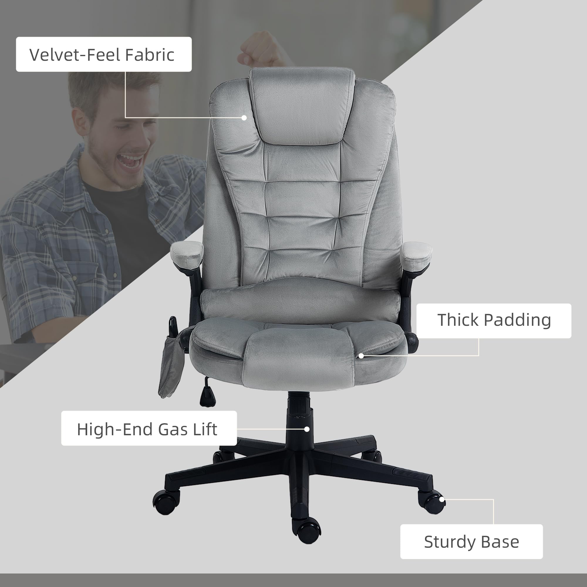 HOMCOM 6-Point Vibrating Massage Office Chair with Heating - High Back Executive Chair, Reclining Backrest, Padded Armrests & Remote Control - Gray - Perfect for Home Office, Gaming & Relaxation