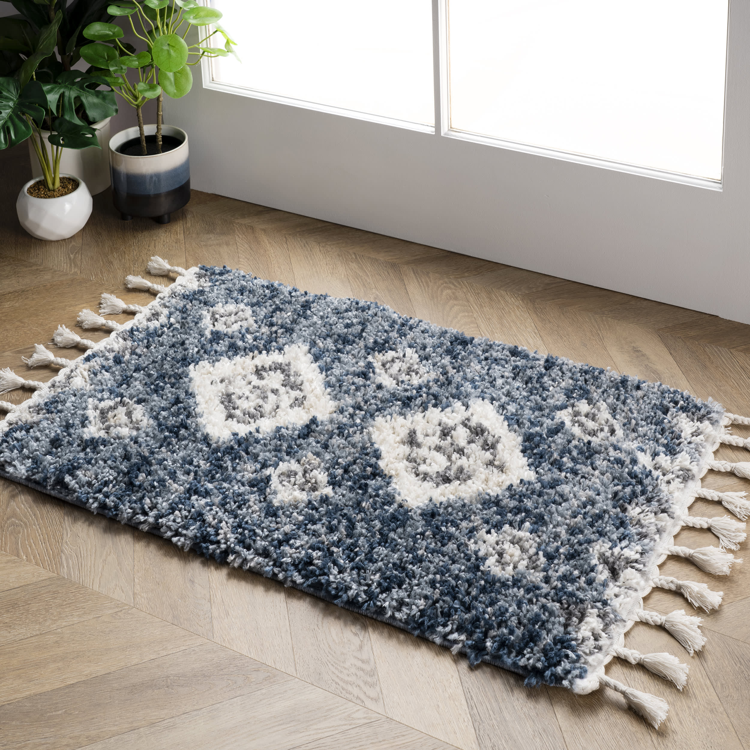 Premium Diamond Totem Shag Area Rug with Tassels - Soft Plush Blue Bohemian Decor Carpet for Living Room, Bedroom & Nursery | Stylish Home Accent