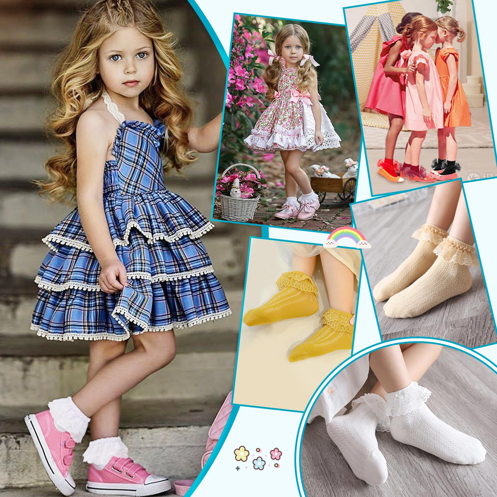 Durio Baby Girls Ruffle Socks - Soft Cotton Toddler Socks with Cute Frilly Lace Trim | Non-Slip & Breathable | Perfect for Dress-Up, Parties & Everyday Wear