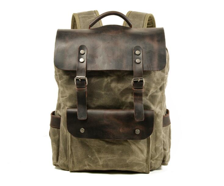 Durable Waxed Canvas & Genuine Leather Backpack - Green, Brown, Grey | Waterproof & Stylish for Outdoor Adventures, Travel & Daily Commute