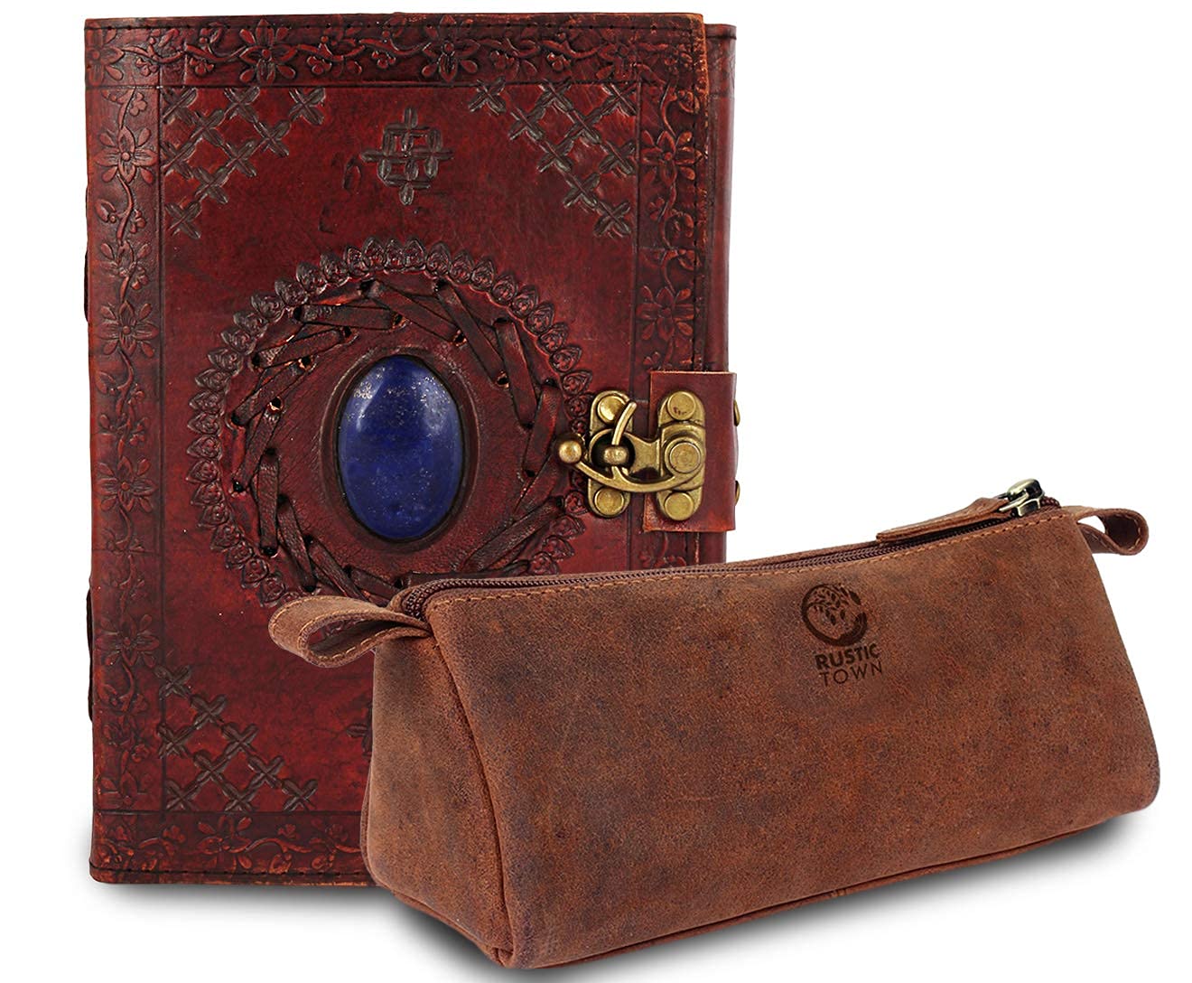 Premium Leather Stone Journal & Pencil Pouch Set - Handcrafted Writing Notebook with Organizer for School, Office & Travel | Gift Idea for Students & Professionals