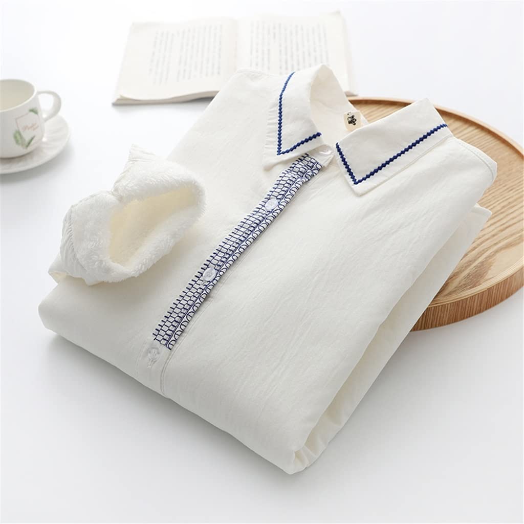 EYHLKM Women's Velvet Embroidered White Cotton Shirt - Long Sleeve Warm Winter Blouse (Size L) | Perfect for Office Wear, Casual Outfits & Autumn Winter Fashion