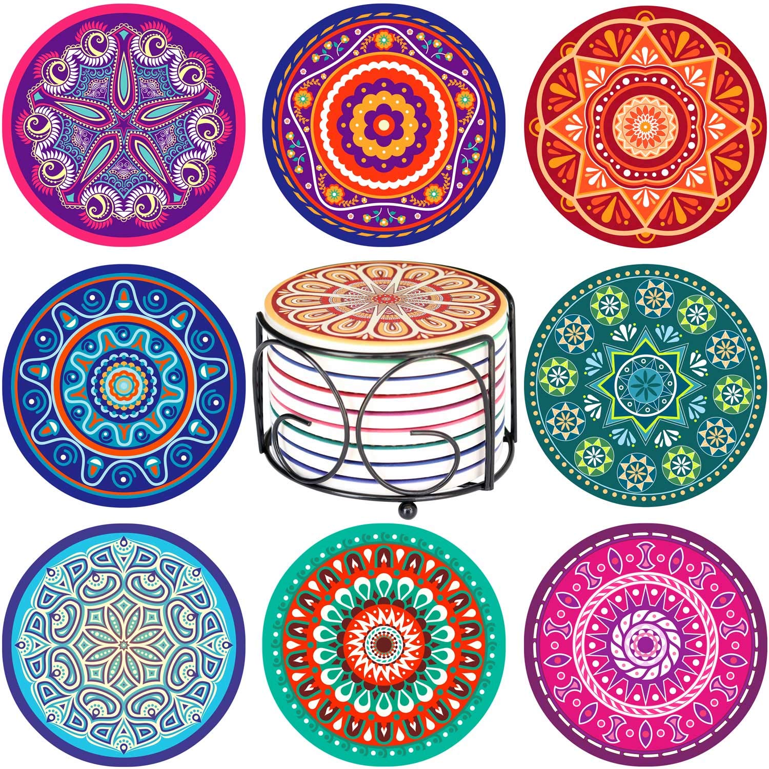 Absorbent Stone Mandala Coasters Set of 9 with Holder - Cork-Backed Drink Coasters for Hot & Cold Beverages - Unique Housewarming, Birthday Gifts for Men & Women - Perfect for Kitchen, Bar, Coffee Table Decor | Protect Surfaces from Water Rings & Stains