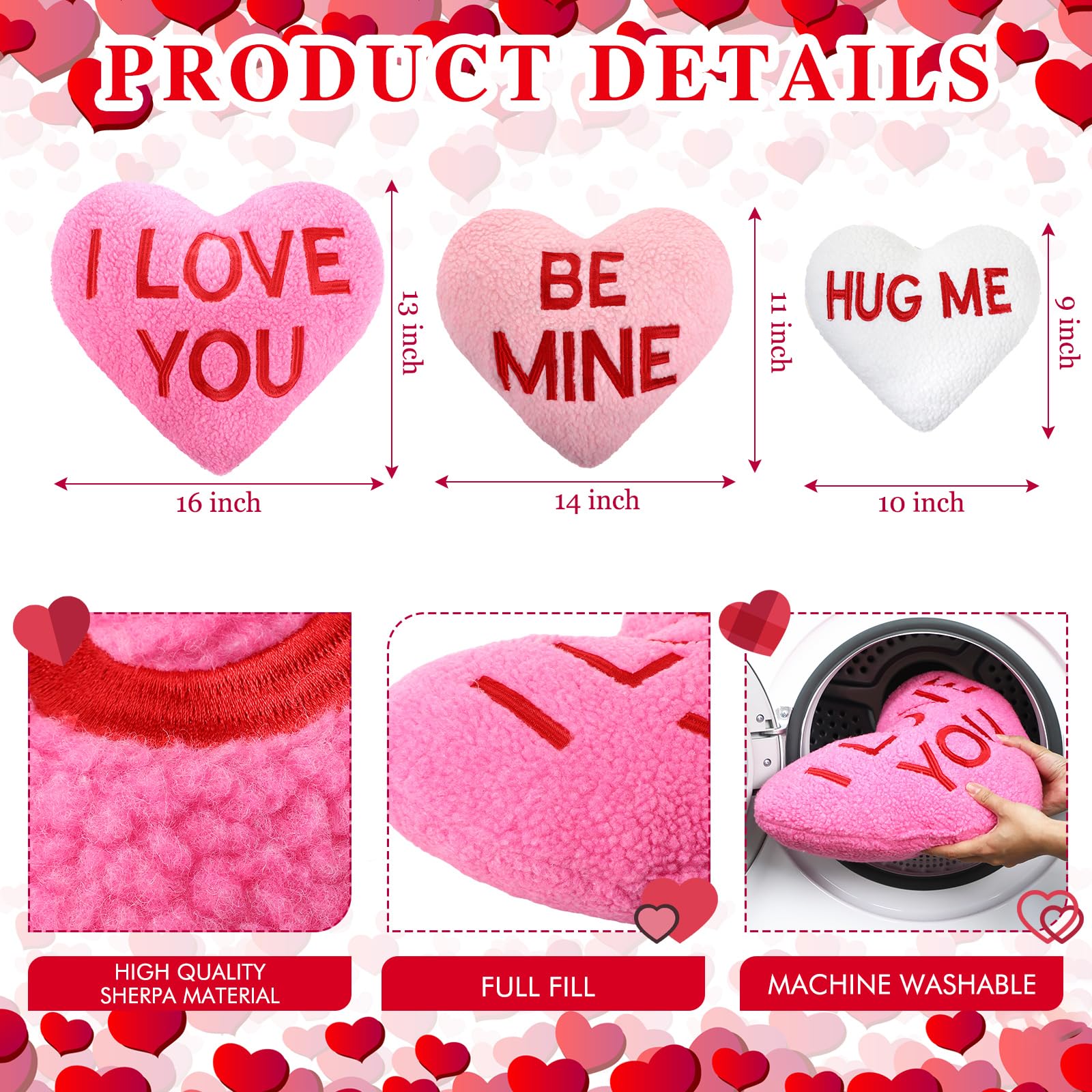 3-Piece Sherpa Valentine's Day Heart Shaped Throw Pillow Set - Red & Pink Fluffy Love Decorative Cushions for Bed, Sofa, Couch - Aesthetic Coquette Room Decor & Romantic Gift Idea (Printed Heart Design) - Perfect for Valentine's Gifts, Anniversary Presents & Cozy Home Decor