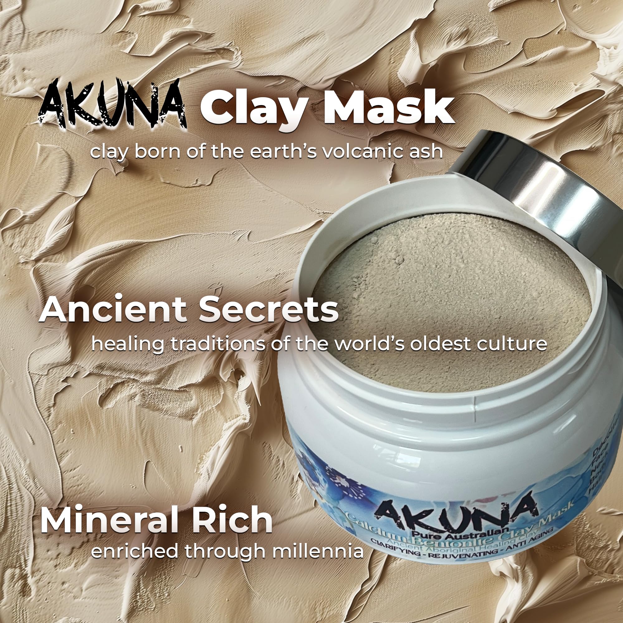 AKUNA Ancient Australian Healing Clay - 100% Pure Calcium Bentonite Clay Mask Powder for Detox, Anti-Aging & Blackhead Removal | Deep Cleansing Facial Treatment for Acne, Wrinkles & Blemish Control | Perfect for Spa Days & At-Home Skincare Routines
