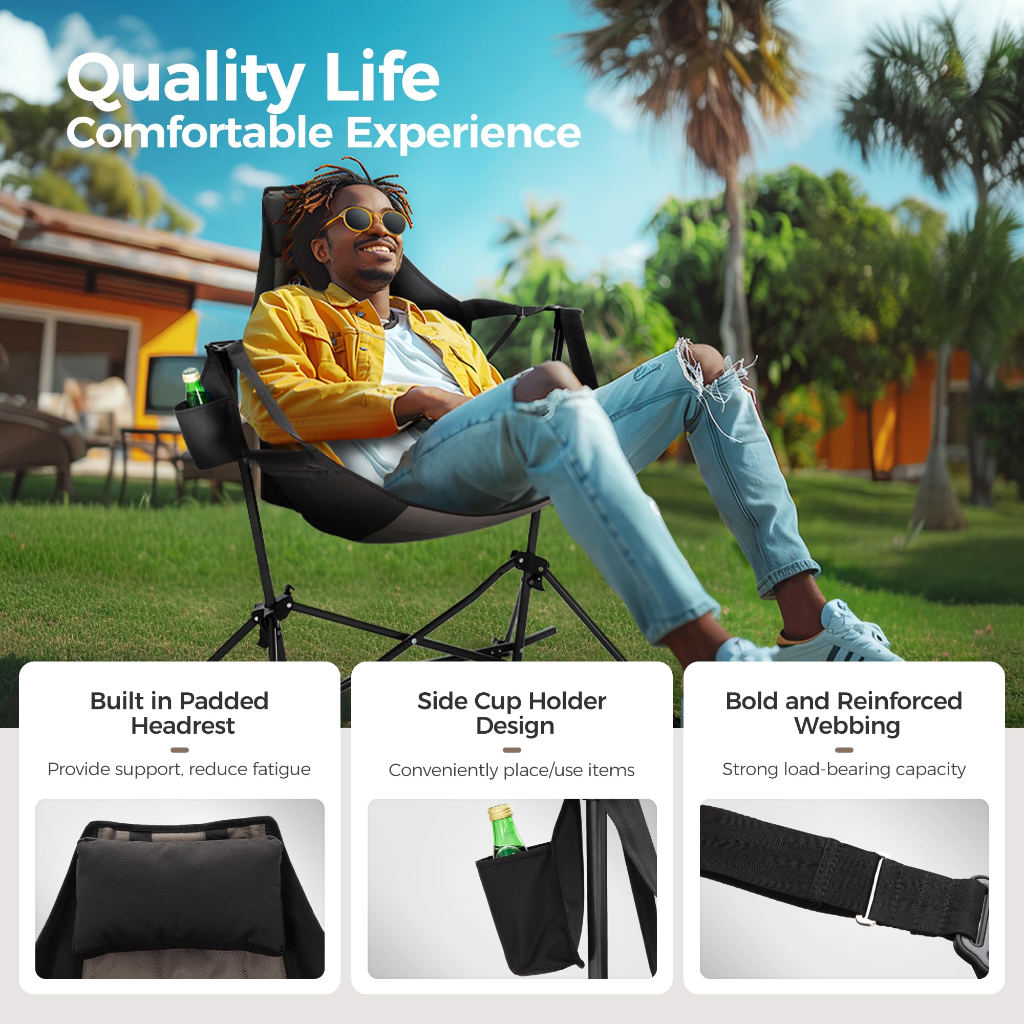 ALPHA CAMP Heavy Duty Folding Hammock Rocking Chair with Cup Holder - High Back Padded Outdoor Swinging Chair for Camping, Backyard, Lawn, Picnic - Portable Oversized Steel Frame (Black) - Perfect for Relaxing in Garden, Patio or Beach