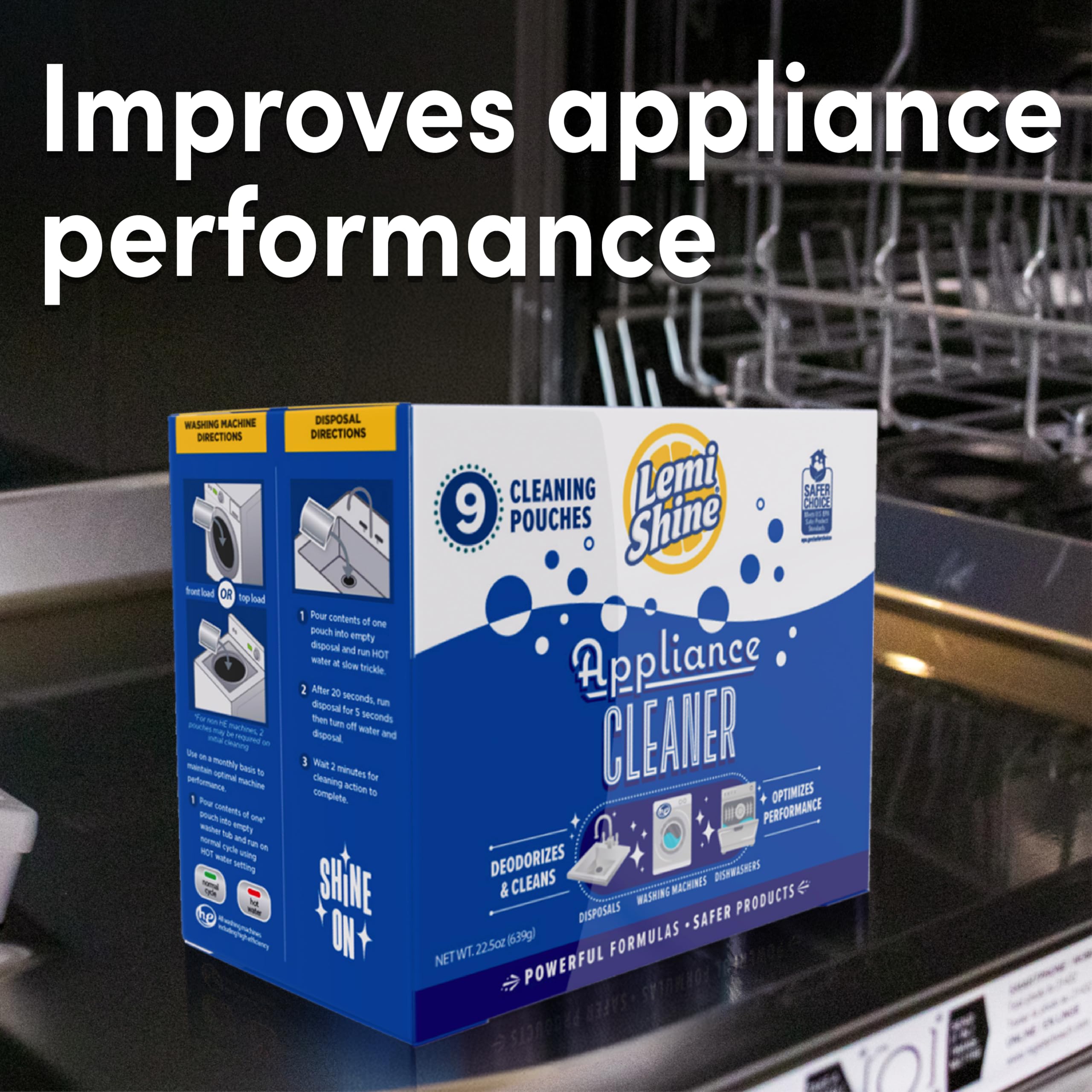 Lemi Shine Appliance Cleaner & Deodorizer - Citric Acid Powered | 100% Effective Dishwasher, Washing Machine & Garbage Disposal Cleaner | 9 Pack | Eliminate Odors & Deep Clean Appliances for Fresh & Hygienic Home