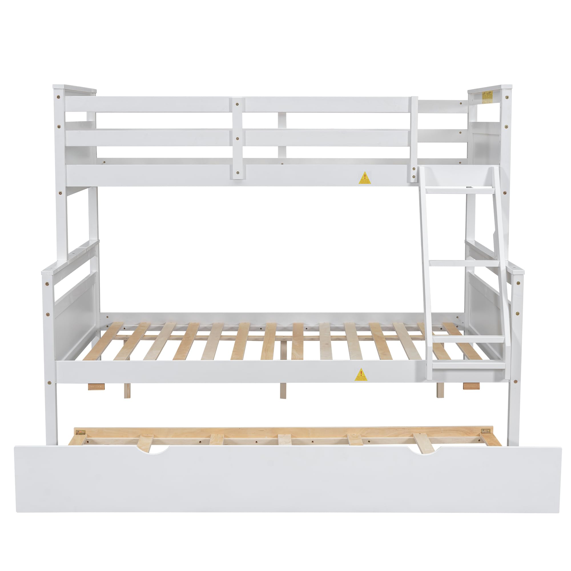 Merax Twin Over Full Wood Bunk Bed with Trundle - Solid Wood Frame, Guardrail & Ladder - White - Space-Saving Kids Bedroom Furniture for Sleepovers & Small Rooms
