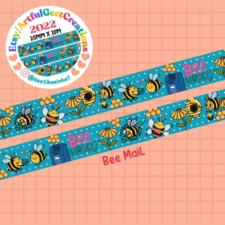 Bee Mail Washi Tape - Decorative Japanese Paper Tape for Scrapbooking, Journaling, DIY Crafts & Gift Wrapping - Perfect for Bullet Journals, Planners, and Card Making