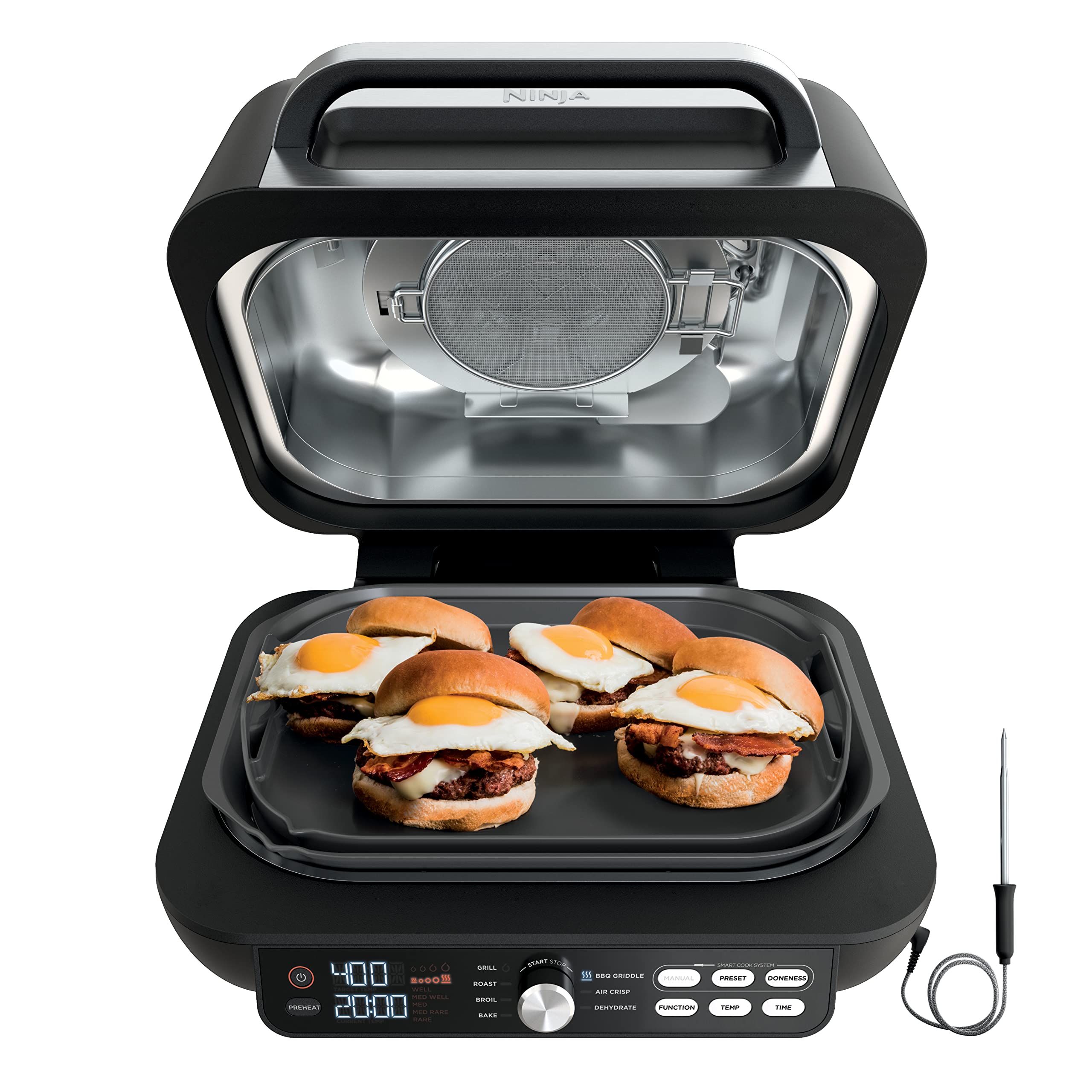 Ninja IG651 Foodi Smart XL Pro 7-in-1 Indoor Grill & Griddle Combo - Air Fryer, Dehydrator, Smart Thermometer, Pro Power Grate - Perfect for Indoor Grilling, Healthy Cooking & Meal Prep - Black