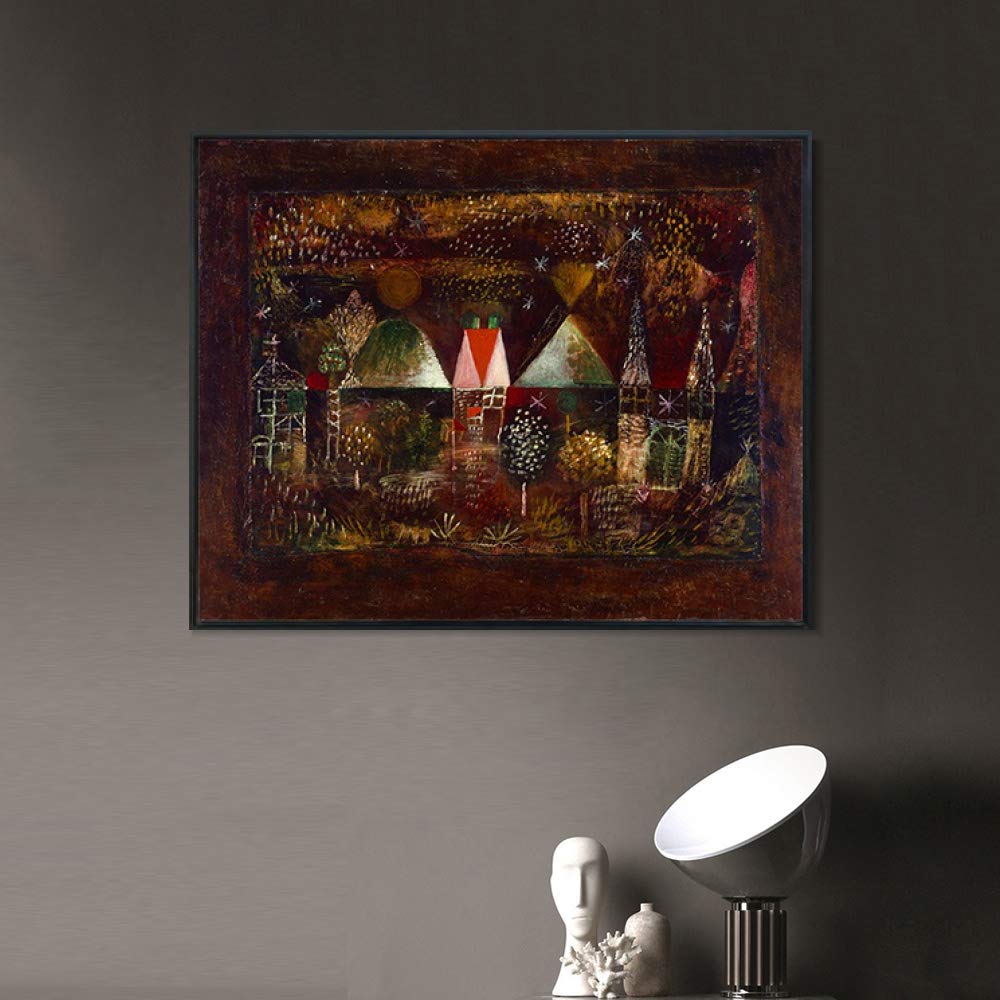 INVIN ART Framed Canvas Giclee Print - Night Feast by Paul Klee - Premium Wall Art for Living Room & Home Office Decor (20x24 Inches, Black Slim Frame) - Perfect for Modern Interior Design & Gift Giving