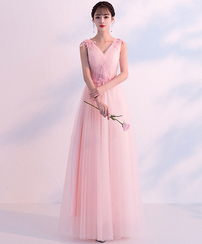 Elegant Pink V-Neck Tulle Long Prom Dress & Bridesmaid Gown - Perfect for Formal Dances, Weddings, and Special Occasions