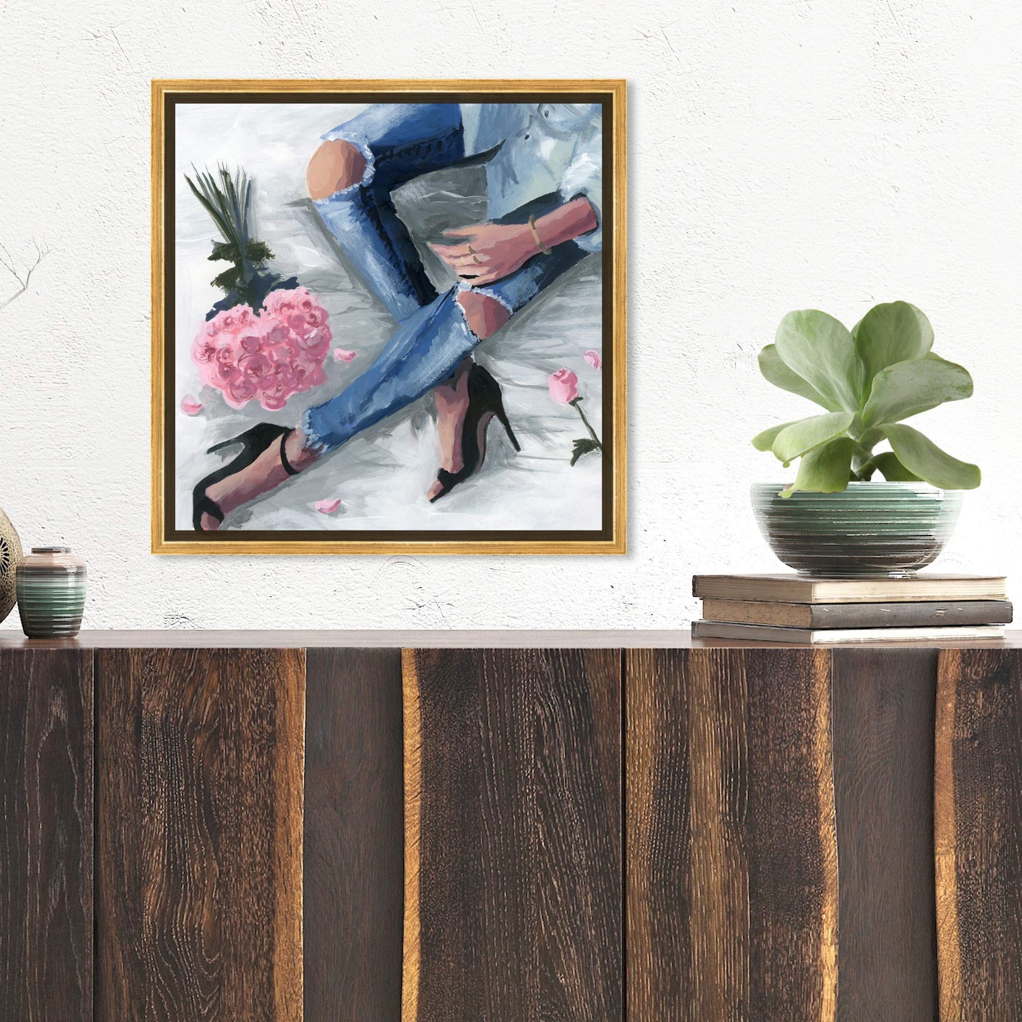Oliver Gal Artist Co. Fashion & Glam Framed Wall Art Canvas Print - 'Romantic Jeans' Outfits Home Decor - 16x16 Inches - Blue & Pink - Perfect for Living Room, Bedroom & Office Decor