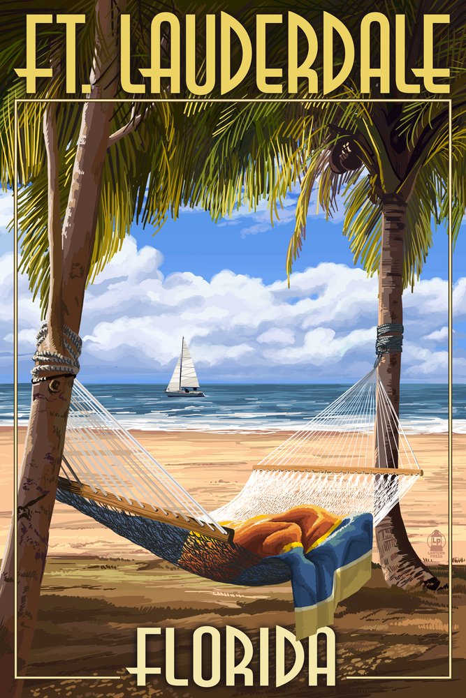 12x18 Ft. Lauderdale Florida Palms & Hammock Wall Art Poster - Tropical Beach Decor for Living Room, Bedroom & Office