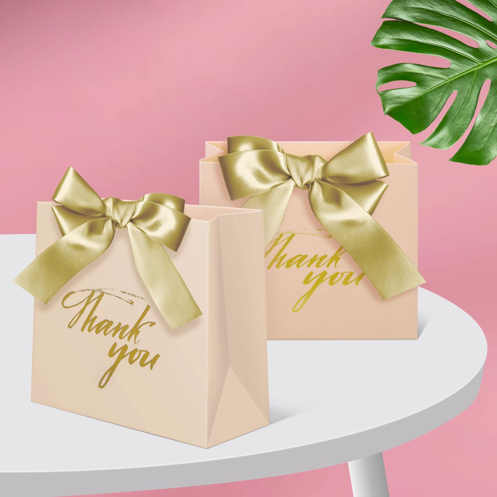 24 Pack Small Pink Thank You Gift Bags with Bow Ribbon - 4.5x1.8x3.9 Inches Wedding Party Favor Treat Boxes - Perfect for Bridal Showers, Baby Showers & Birthday Party Favors (Gold)
