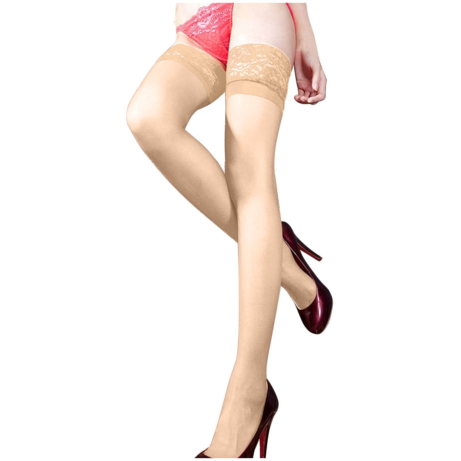 Sexy Lace Thigh High Socks for Women - Sheer Stockings with Lingerie Top (Beige, Size S) - Perfect for Cosplay, Date Nights & Fashion Outfits