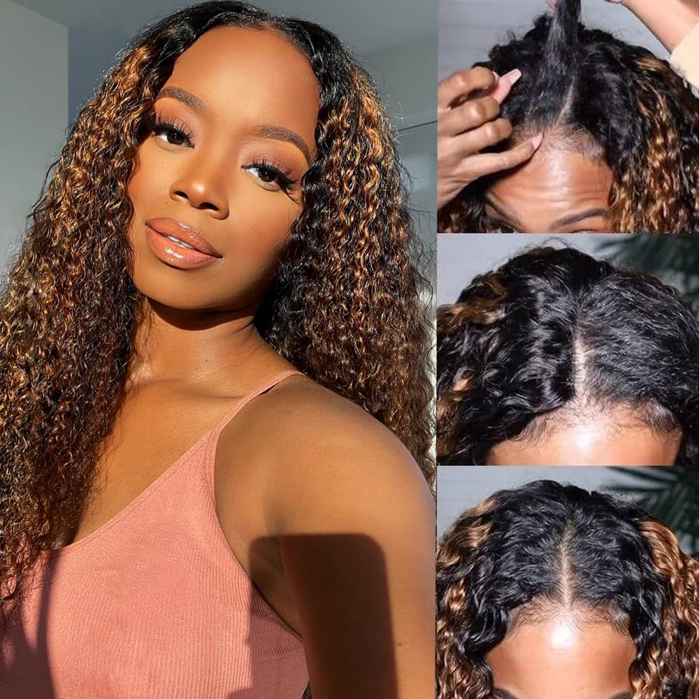 UNICE 20 Inch Human Hair V Part Wig - Curly No Leave Out Balayage Brown Highlight Glueless Clip-In Wig for Beginners (No Sew In, No Glue) | Perfect for Daily Wear, Parties & Special Occasions