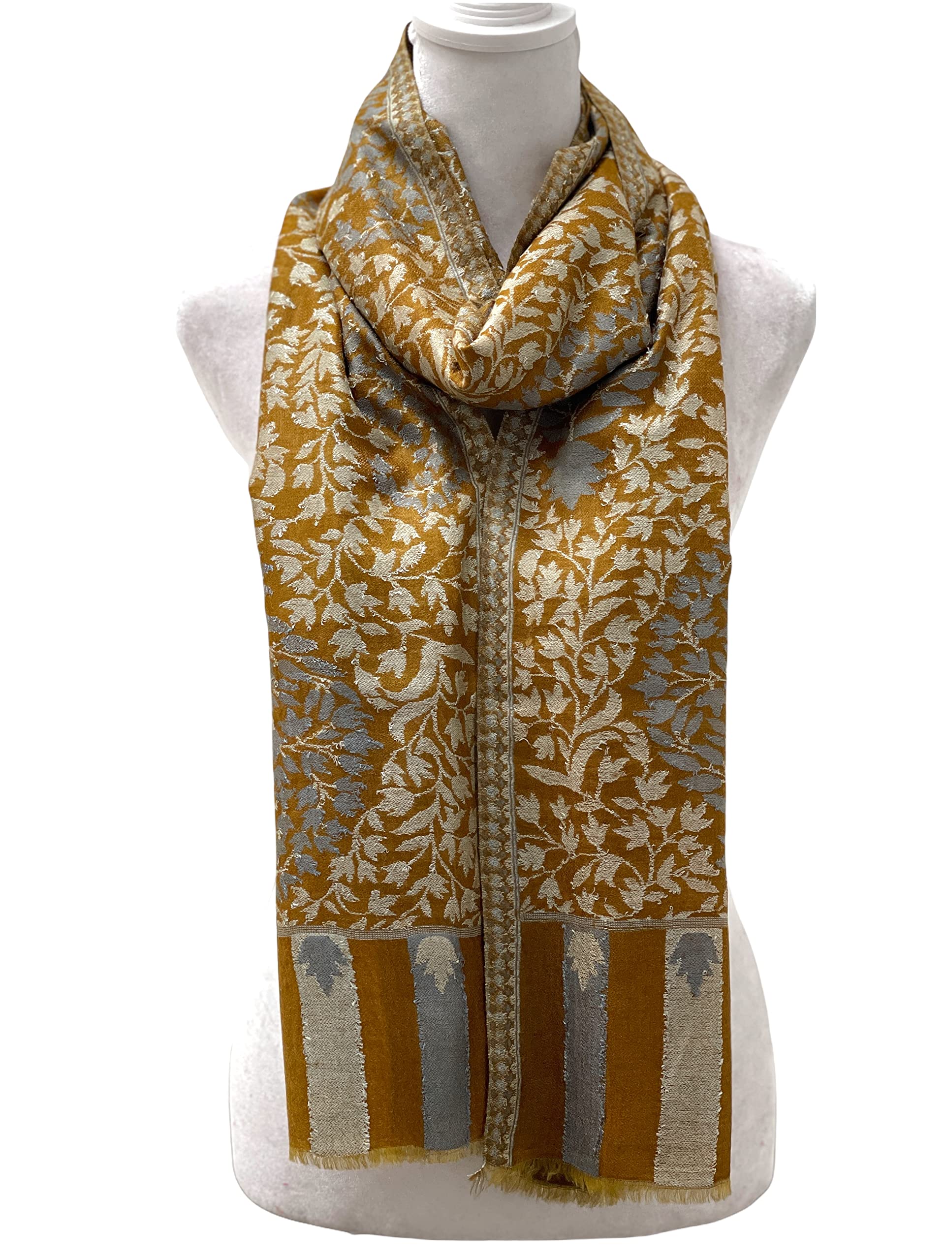 Pure Wool Scarves with Mankolam Prints & Striped Borders - Warm Long Winter Wraps for Women & Men - Soft & Cozy Fashion Accessory for Fall, Winter & Holiday Season - Perfect for Outdoor Activities, Travel & Gifts